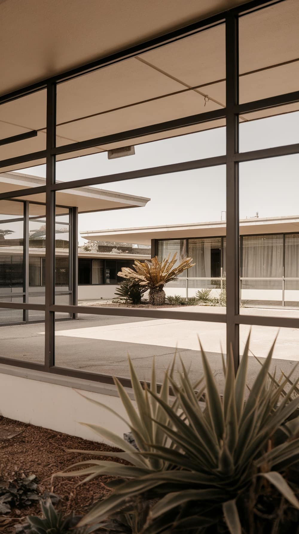 A mid-century modern house with large windows and flat roof, showcasing a connection to nature.