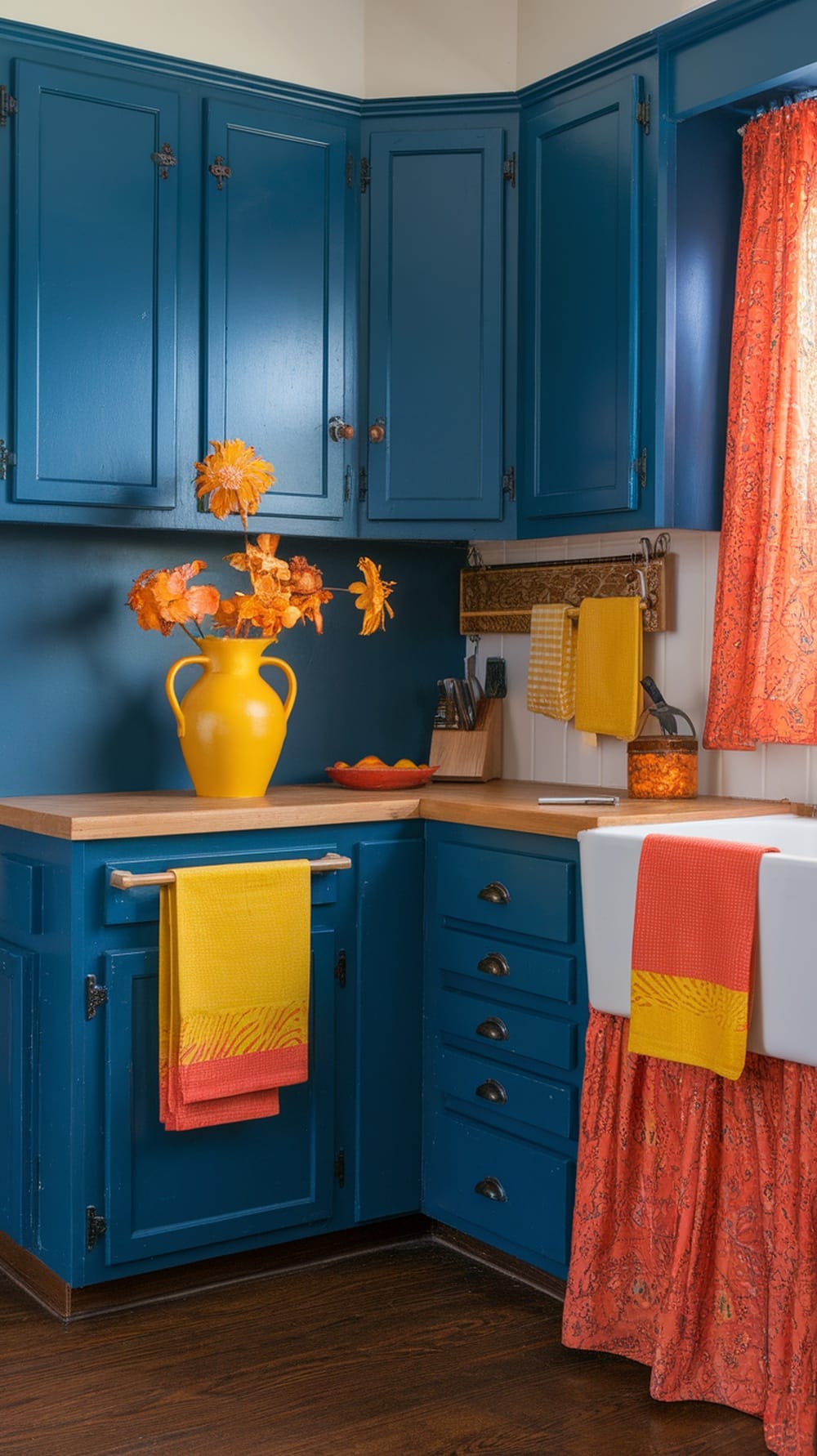 A cozy kitchen featuring indigo cabinets with bright yellow and orange accents.