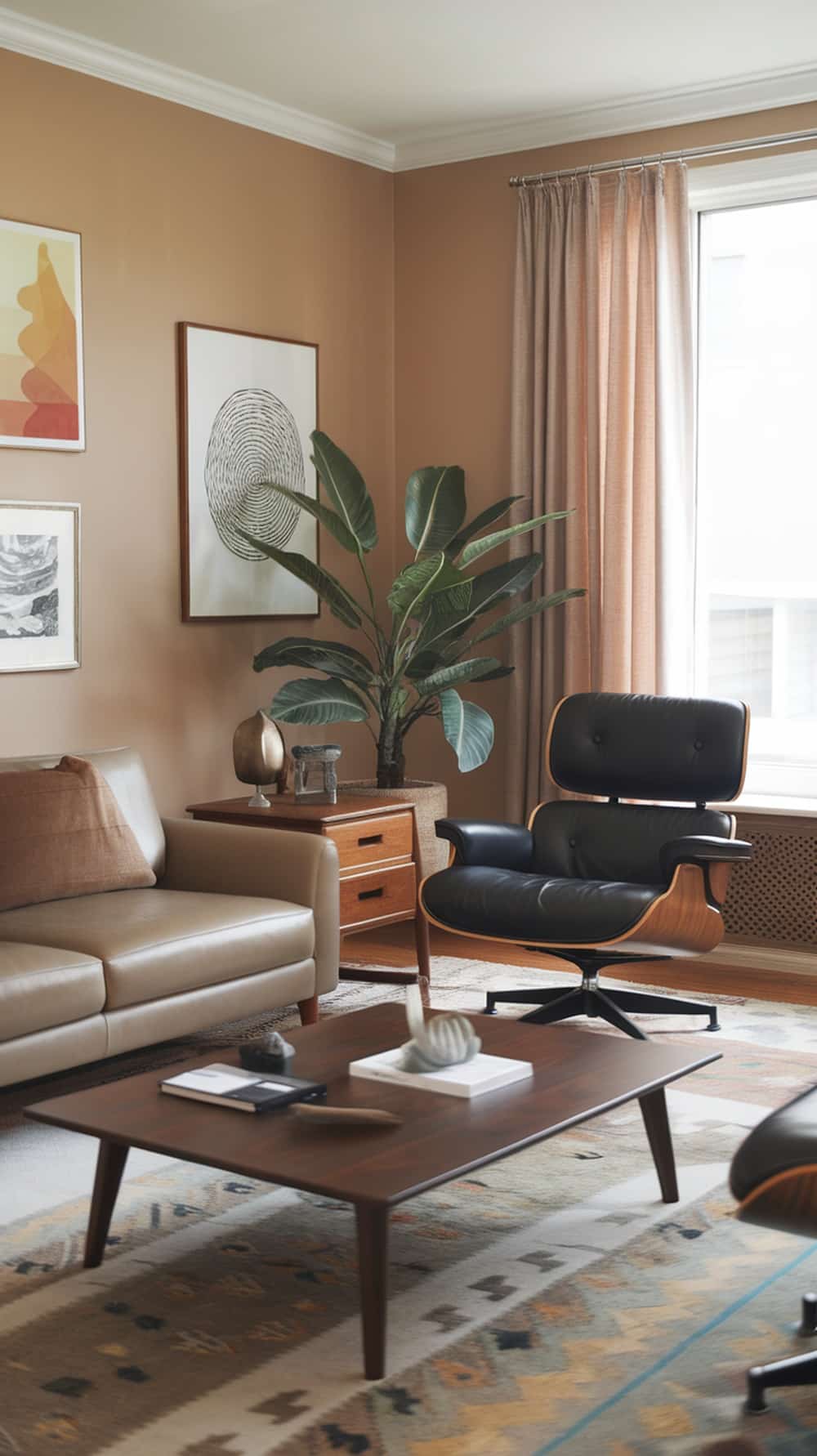 A mid-century modern living room featuring a lounge chair, coffee table, and abstract art.