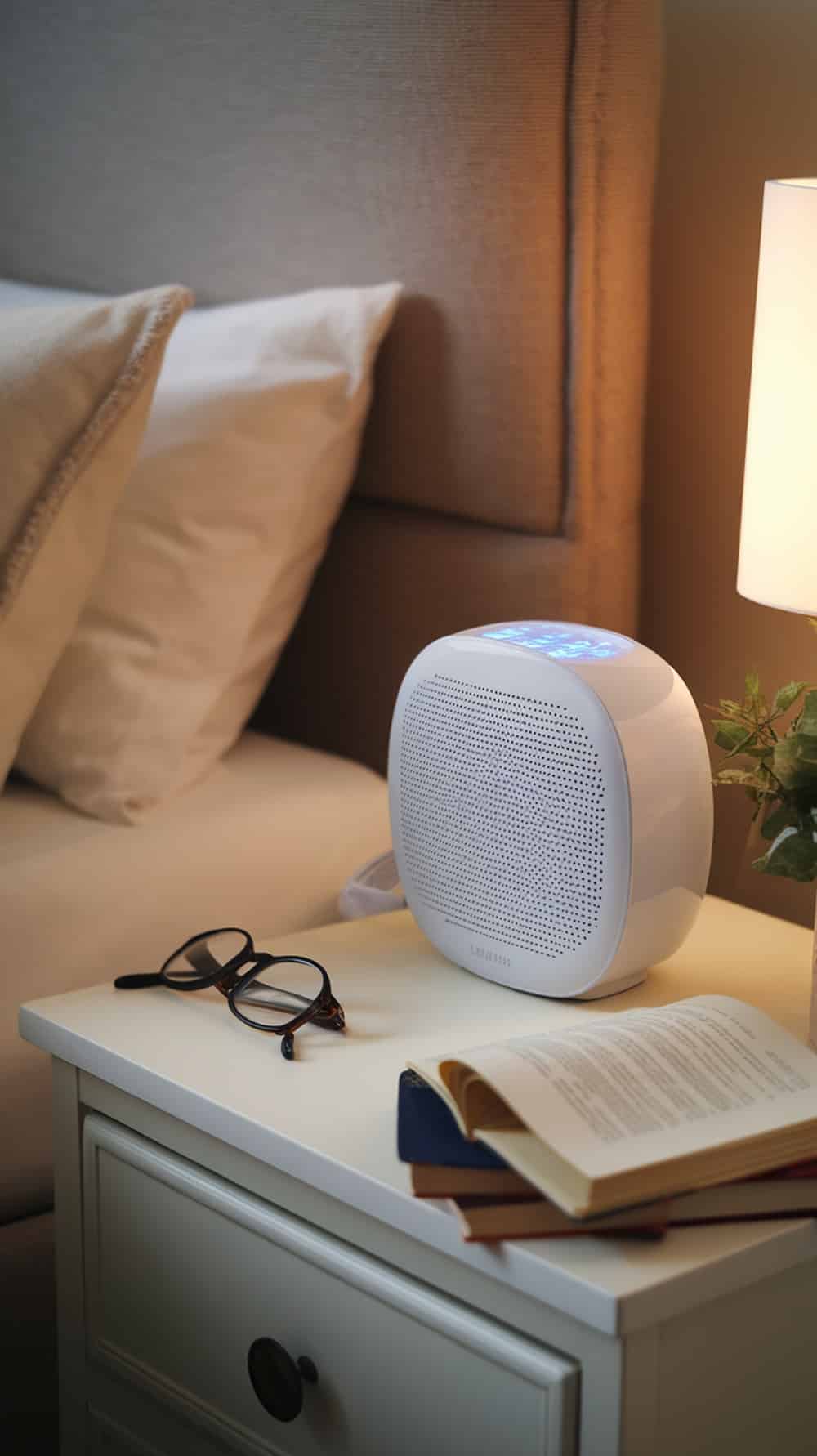 A cozy bedroom setup with a sound machine, glasses, and a book on a nightstand.