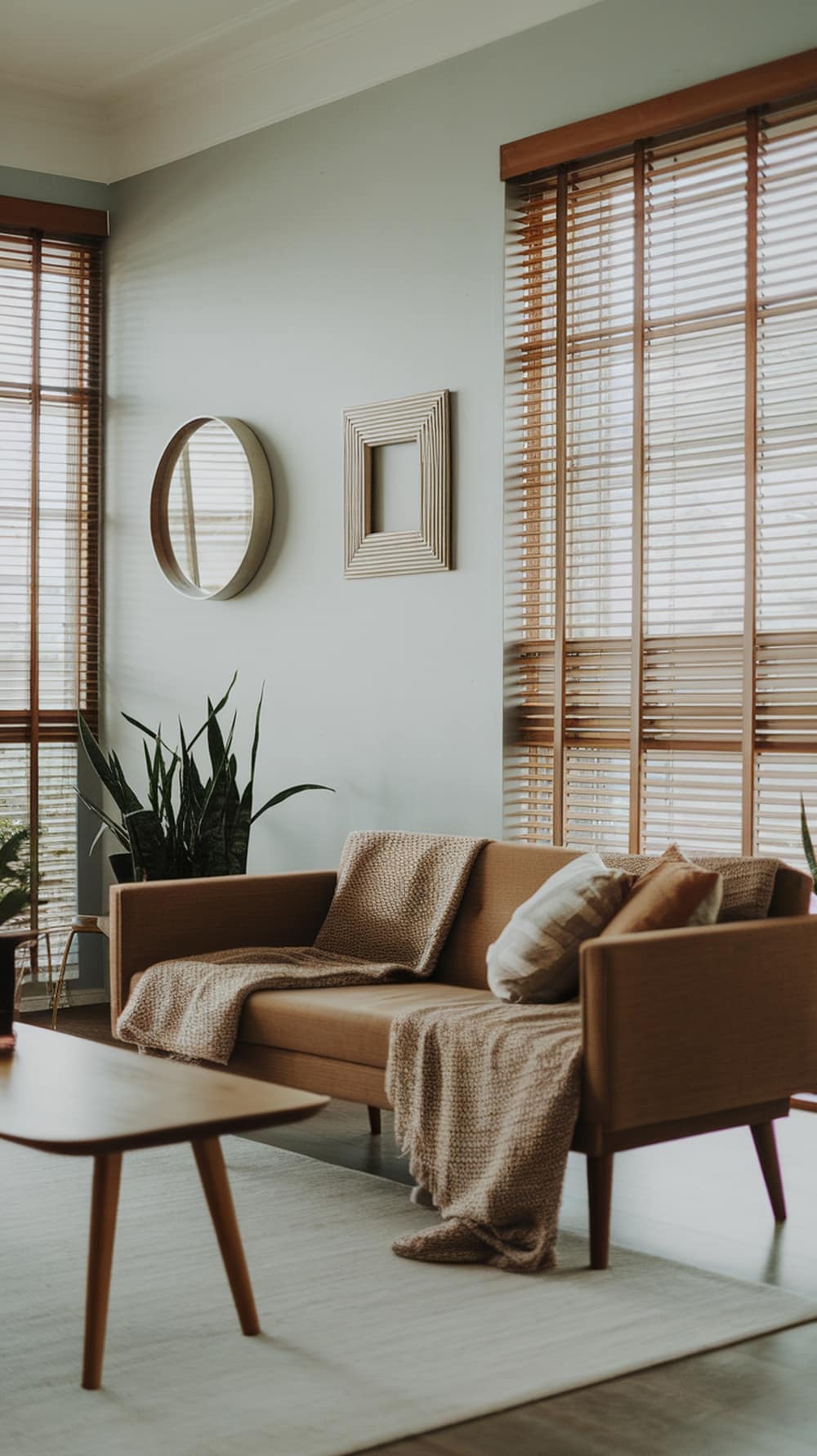 A mid-century modern living room featuring a cozy sofa with throws and pillows, wooden elements, and plants