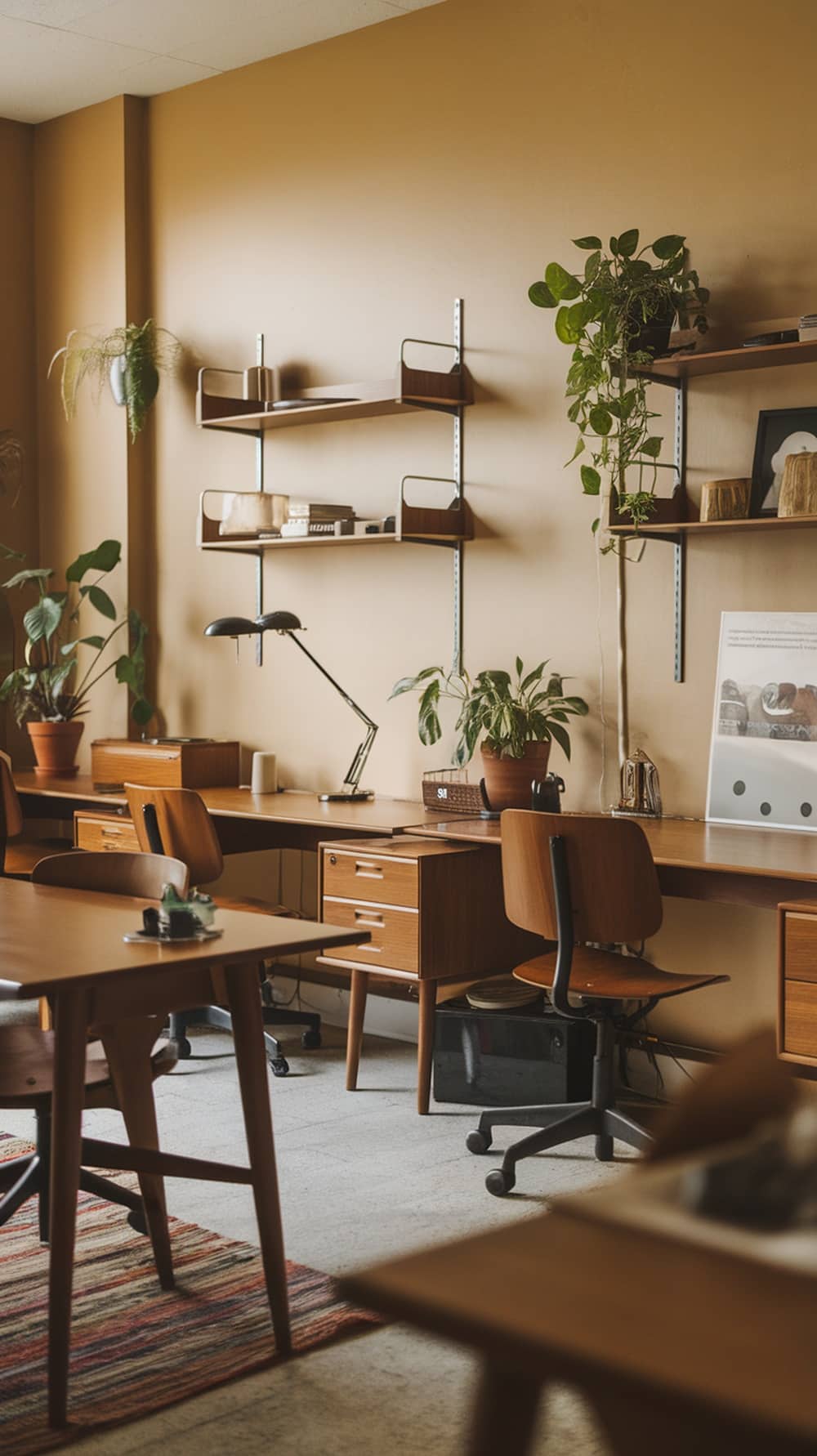 A mid-century modern office with wooden furniture, plants, and warm wall colors.