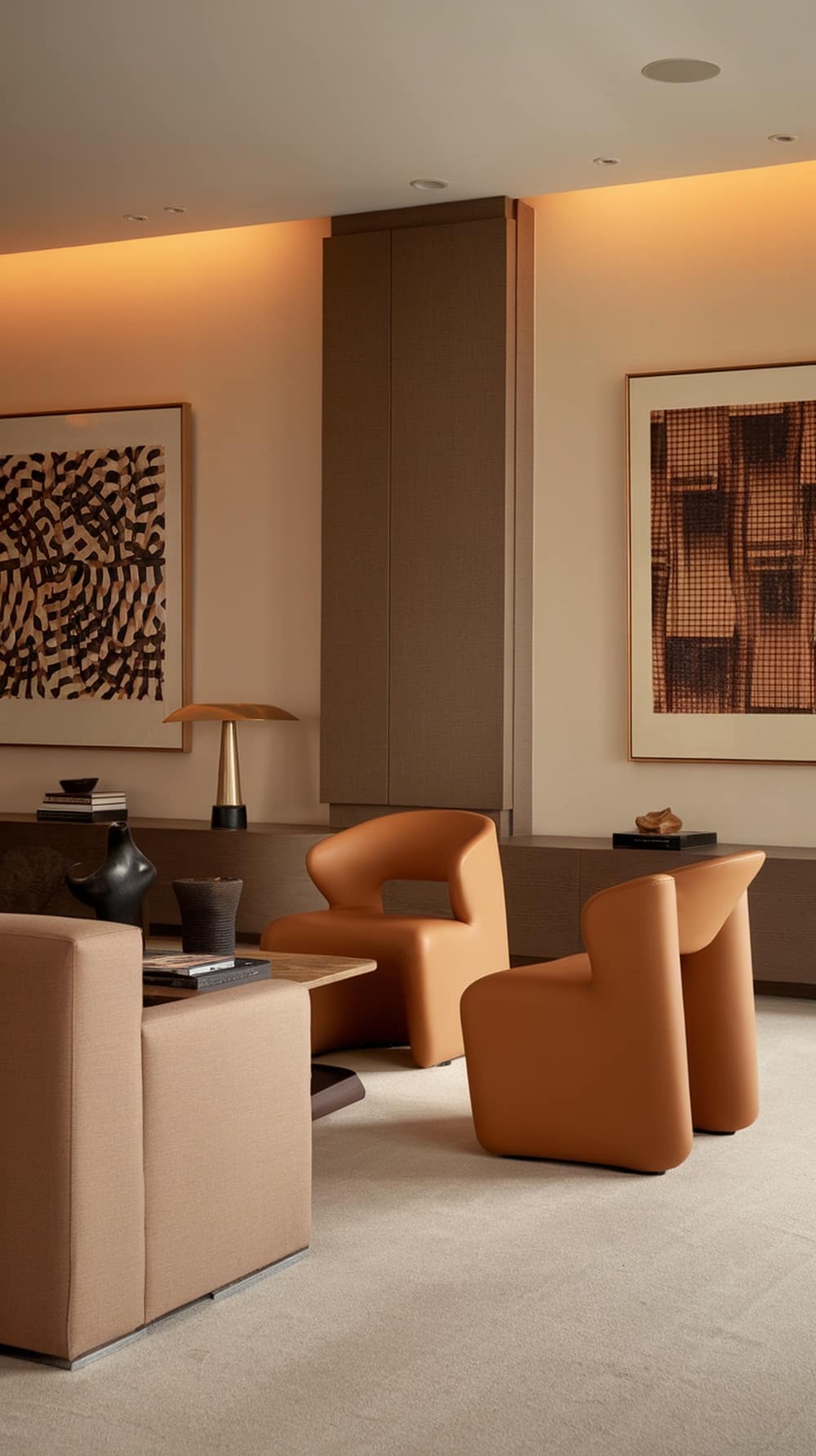 A modern luxury living room featuring contemporary artwork, caramel-colored furniture, and warm lighting.