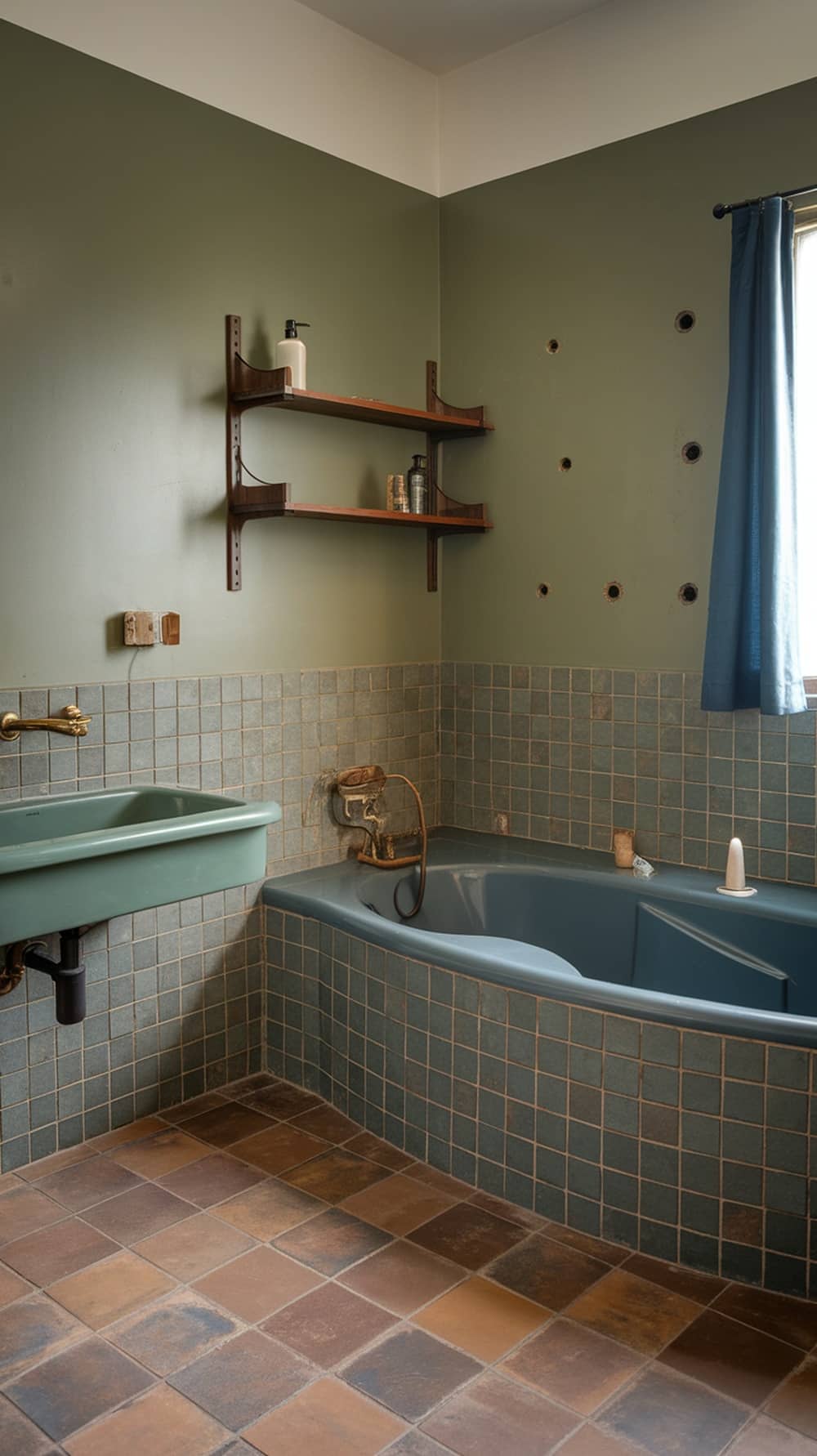 Mid-century modern bathroom featuring olive green walls, blue bathtub, and textured tiles.