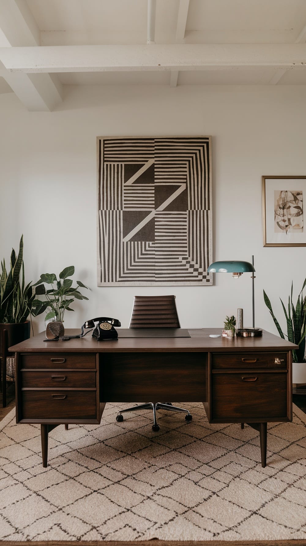 Mid-century modern office featuring a wooden desk, geometric artwork, vintage telephone, and plants.