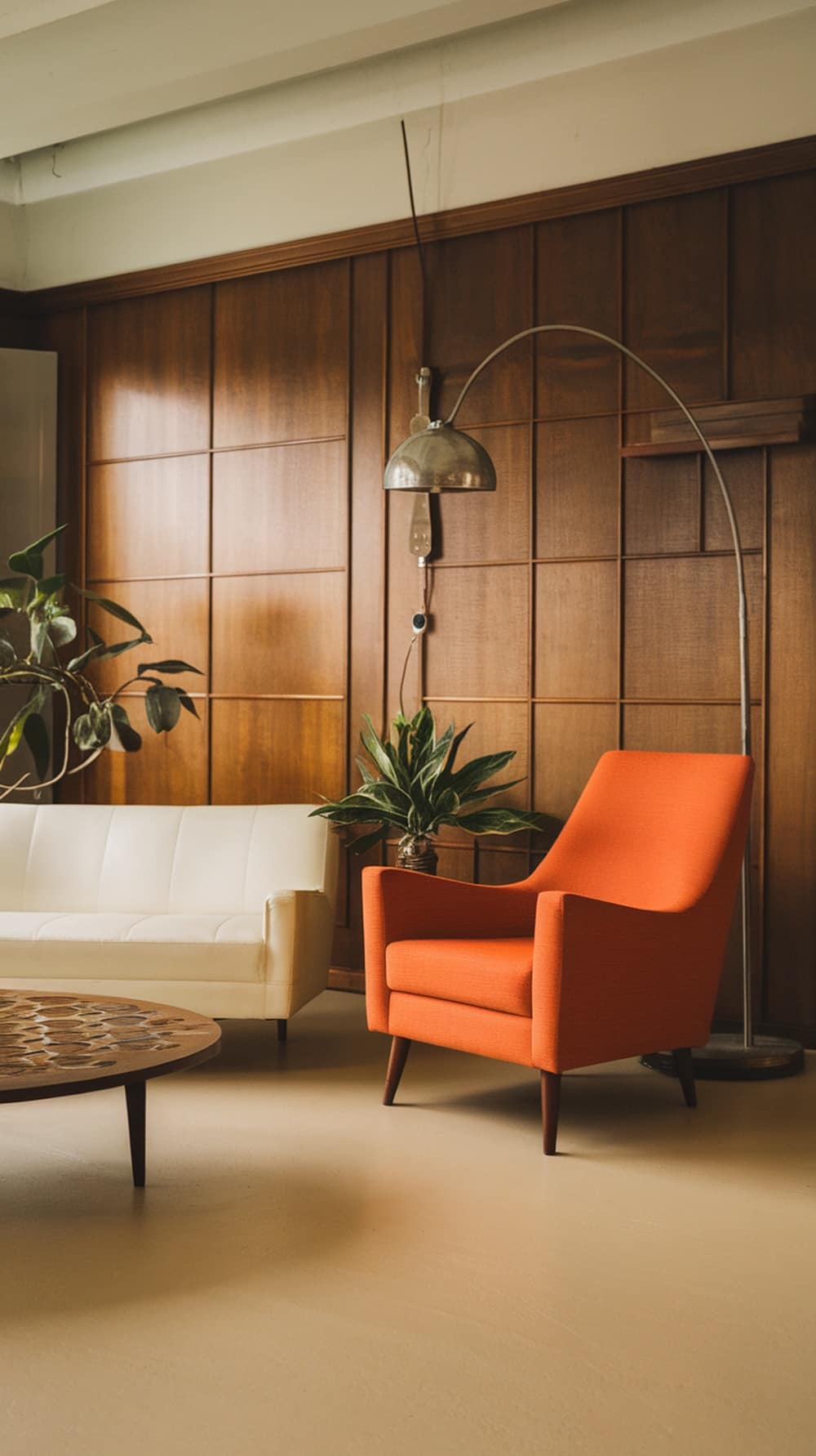 A mid-century modern living room featuring an orange chair, white sofa, wooden paneling, and a coffee table.