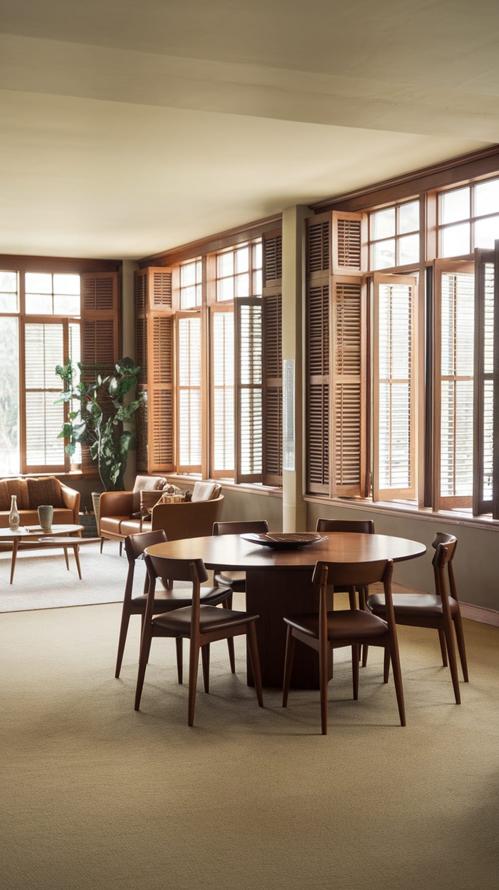 Mid-century modern dining room with large windows, wooden furniture, and a cozy seating area.
