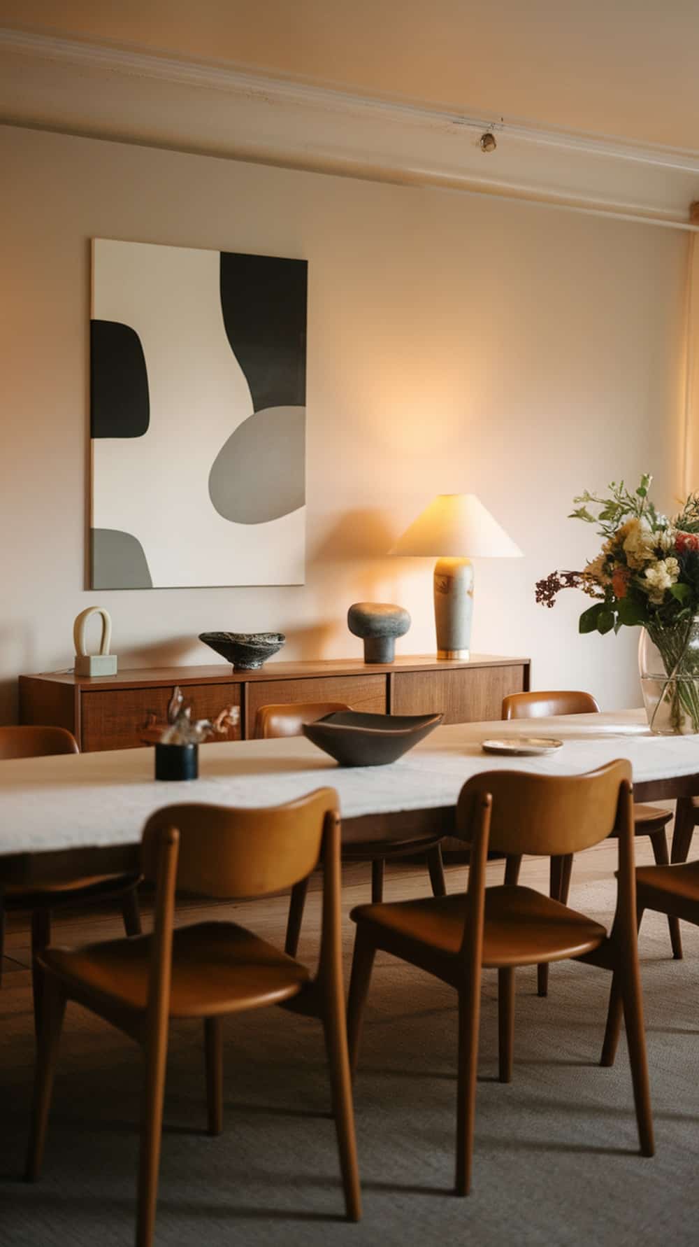 A mid-century modern dining room featuring a wooden table, vintage chairs, and contemporary decor.
