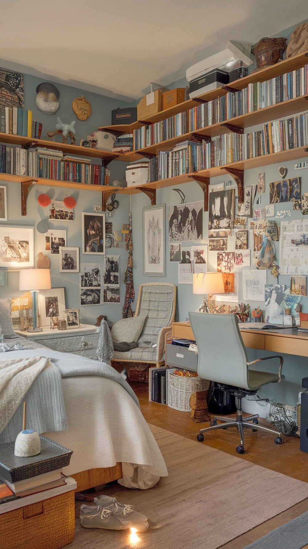 A cozy bedroom with personal touches, including art on the walls, warm lighting, and comfortable furniture.