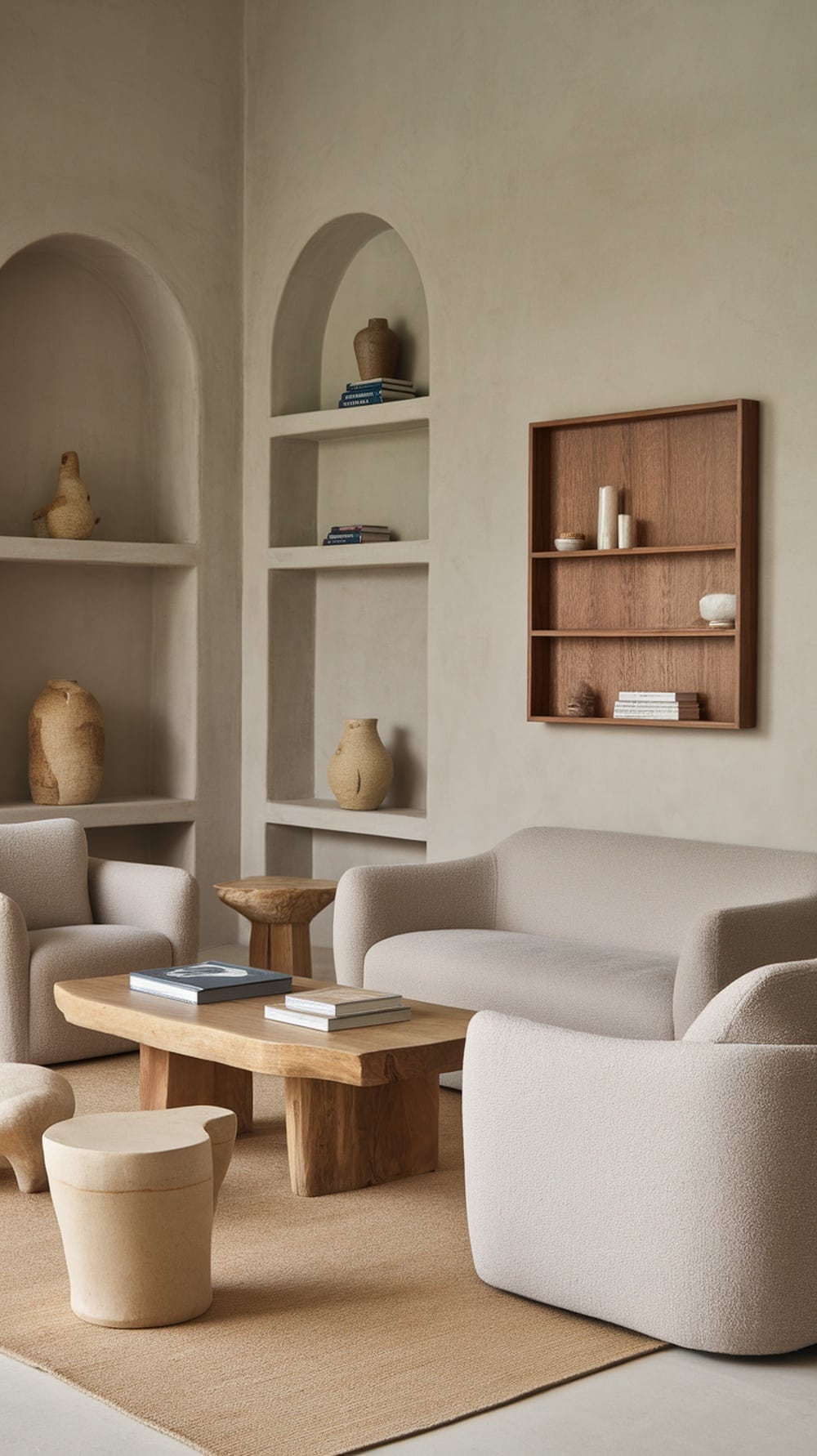 A minimalist living room featuring greige tones, natural textures, and comfortable furniture.