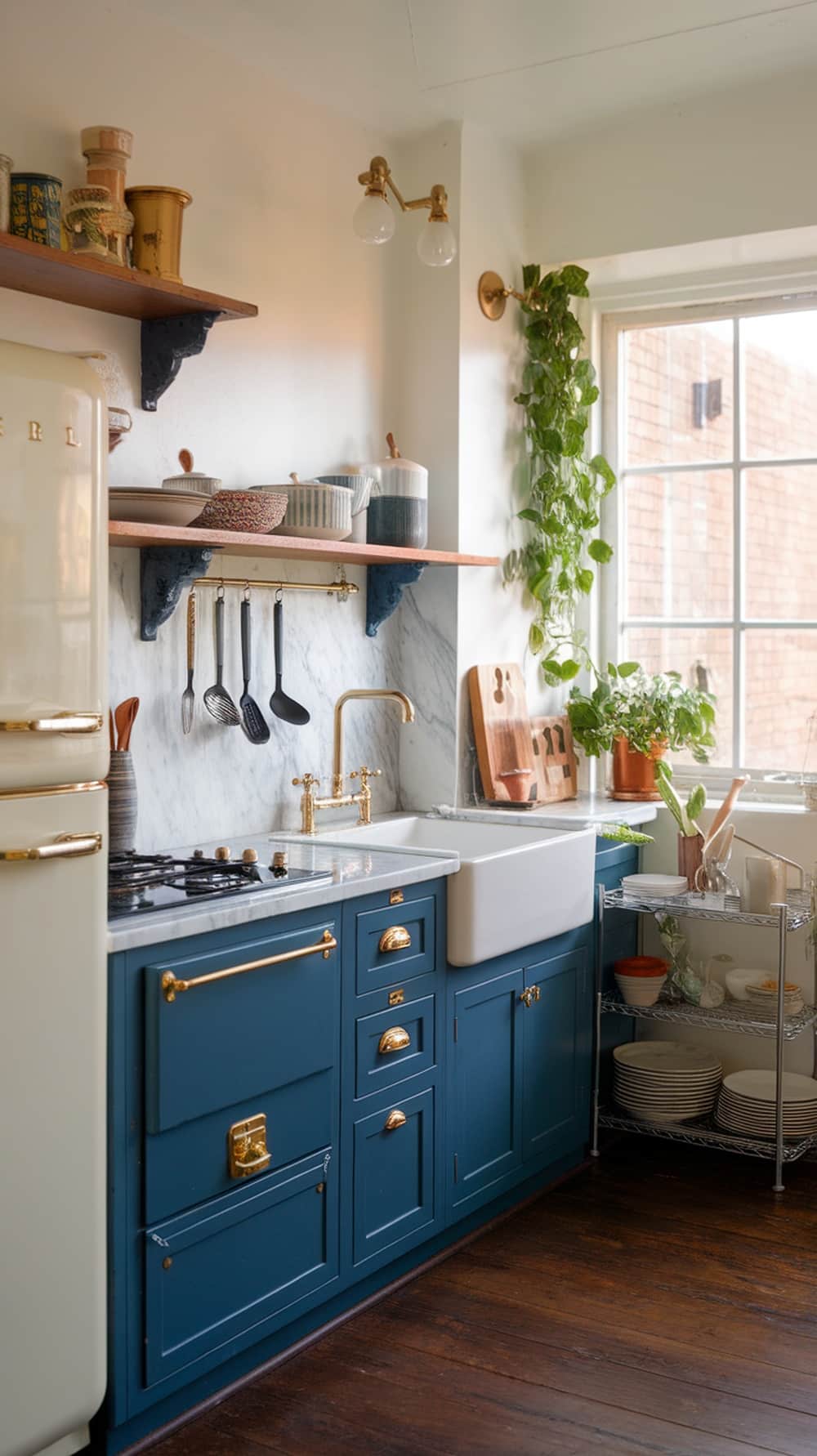 A cozy kitchen featuring deep navy cabinets, warm wood accents, and golden hardware.
