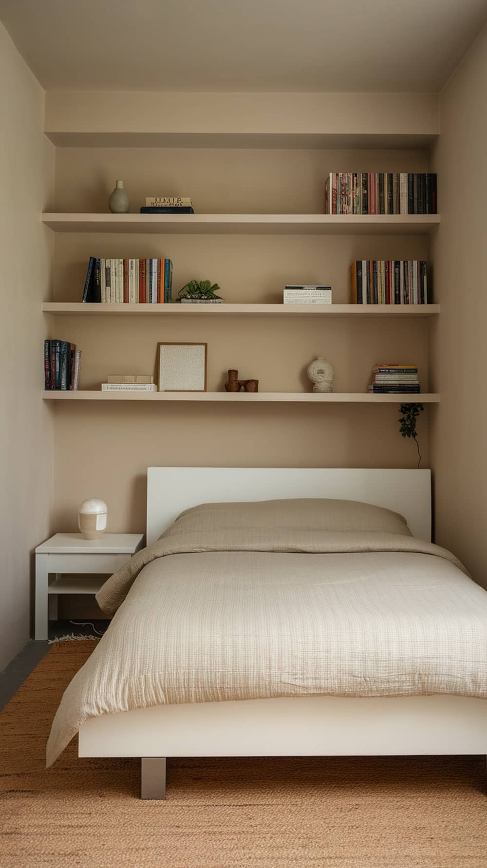 A small bedroom featuring floating shelves above the bed, displaying books and decorative items.