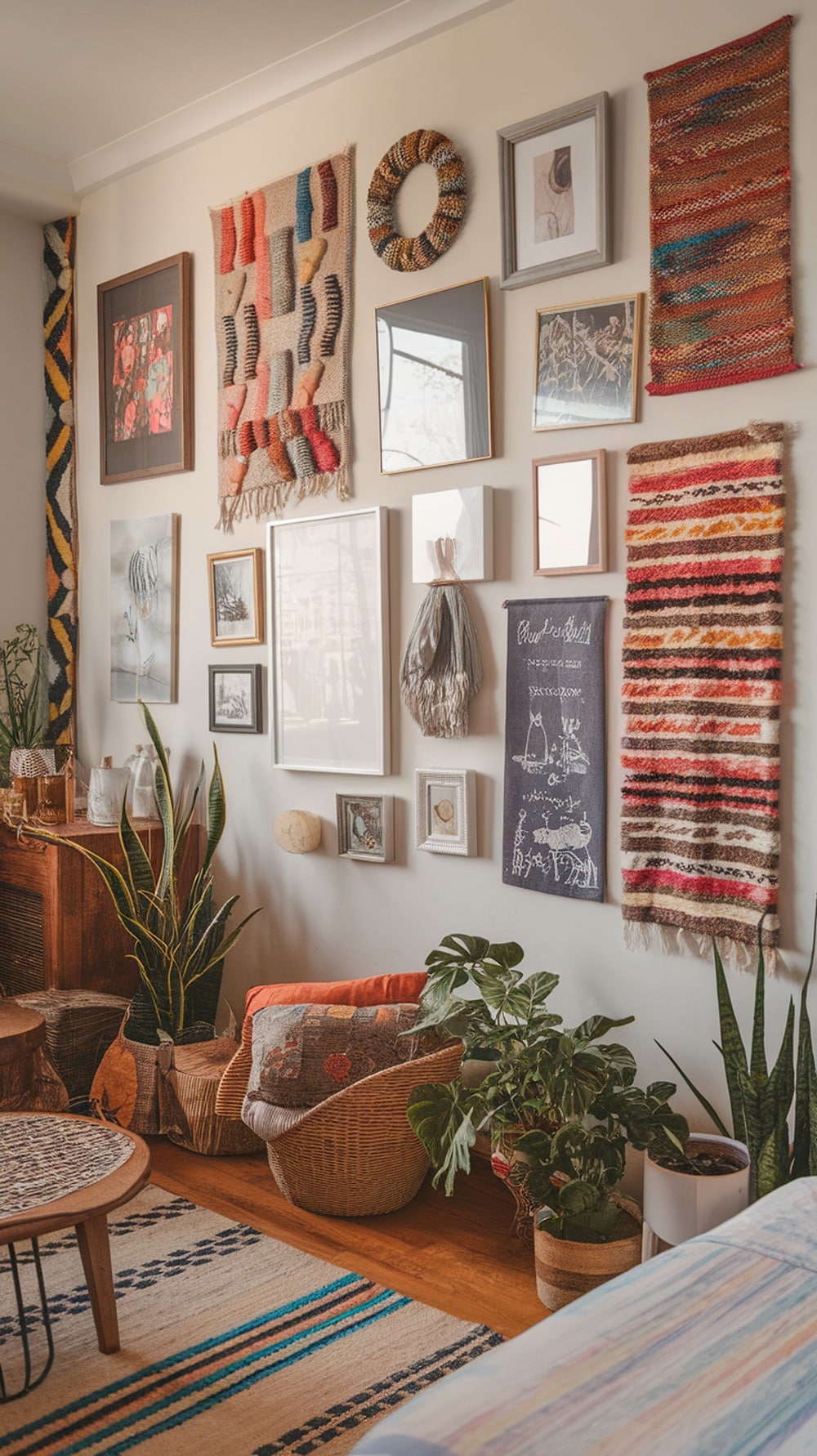 An eclectic gallery wall featuring a mix of art, textiles, and plants in a cozy bedroom setting.