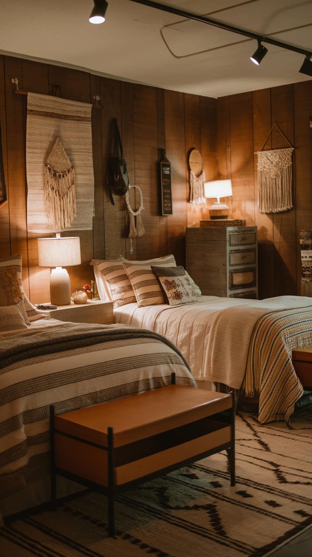 A cozy small bedroom with layered lighting, featuring bedside lamps and track lighting.