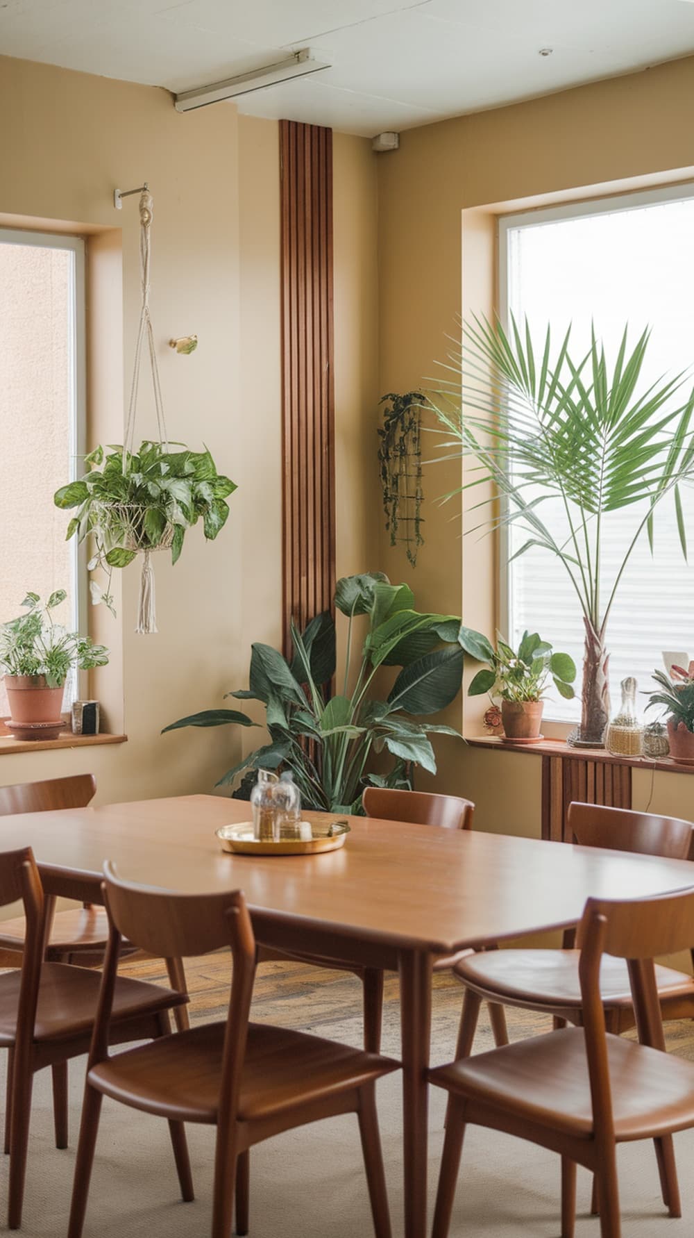 A mid-century modern dining room featuring various plants and greenery