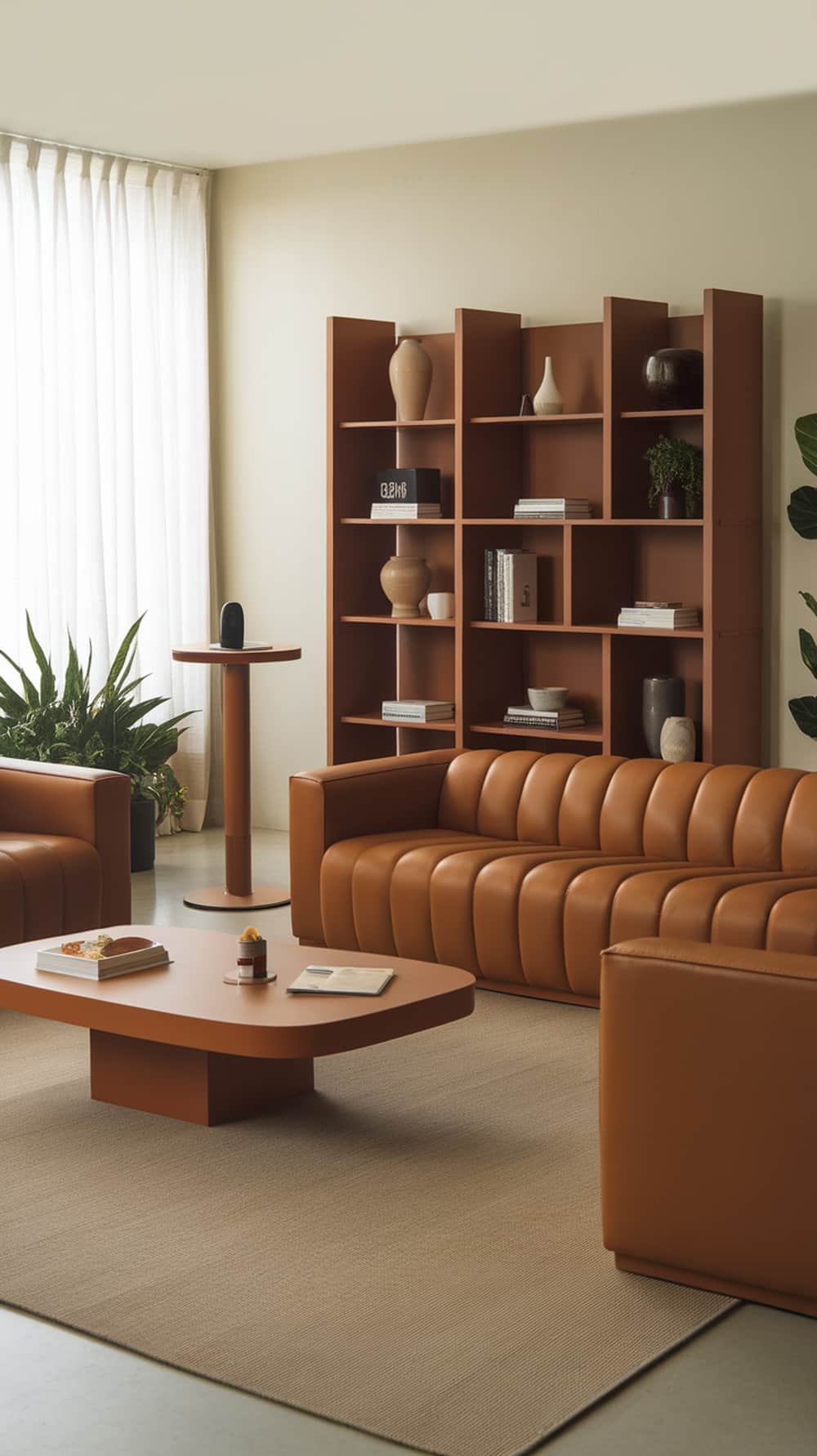 A modern caramel living room featuring smart technology integration with stylish furniture and a smart speaker.
