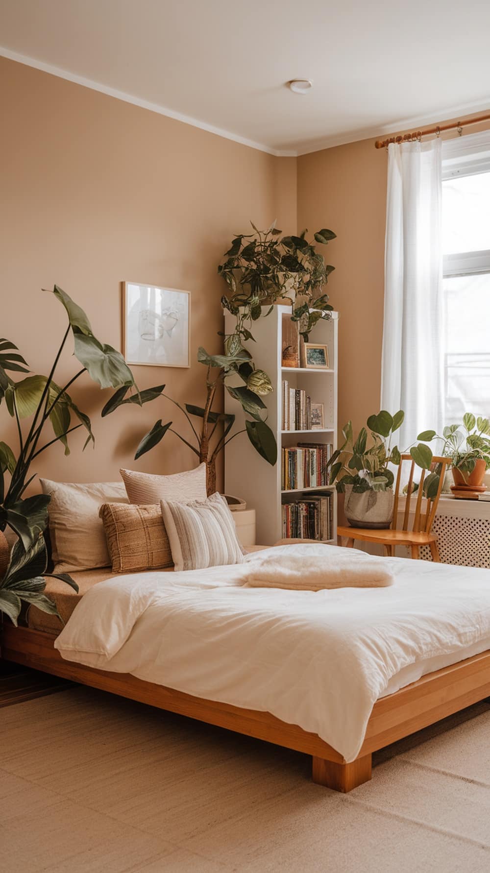 A cozy small bedroom with plants, showcasing a warm atmosphere with a bed, bookshelves, and natural light.