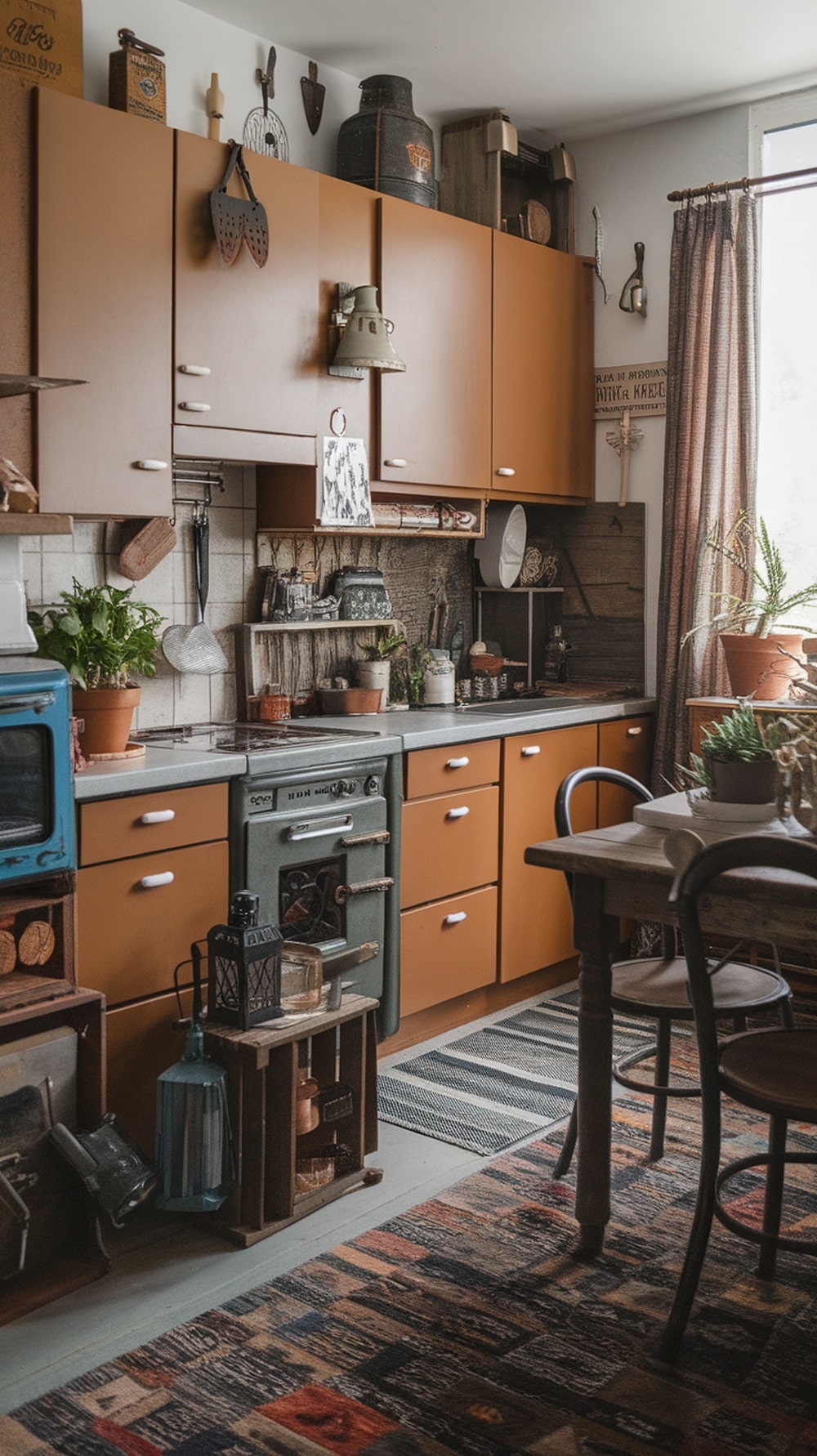 Cozy kitchen with caramel cabinets and eclectic decor.