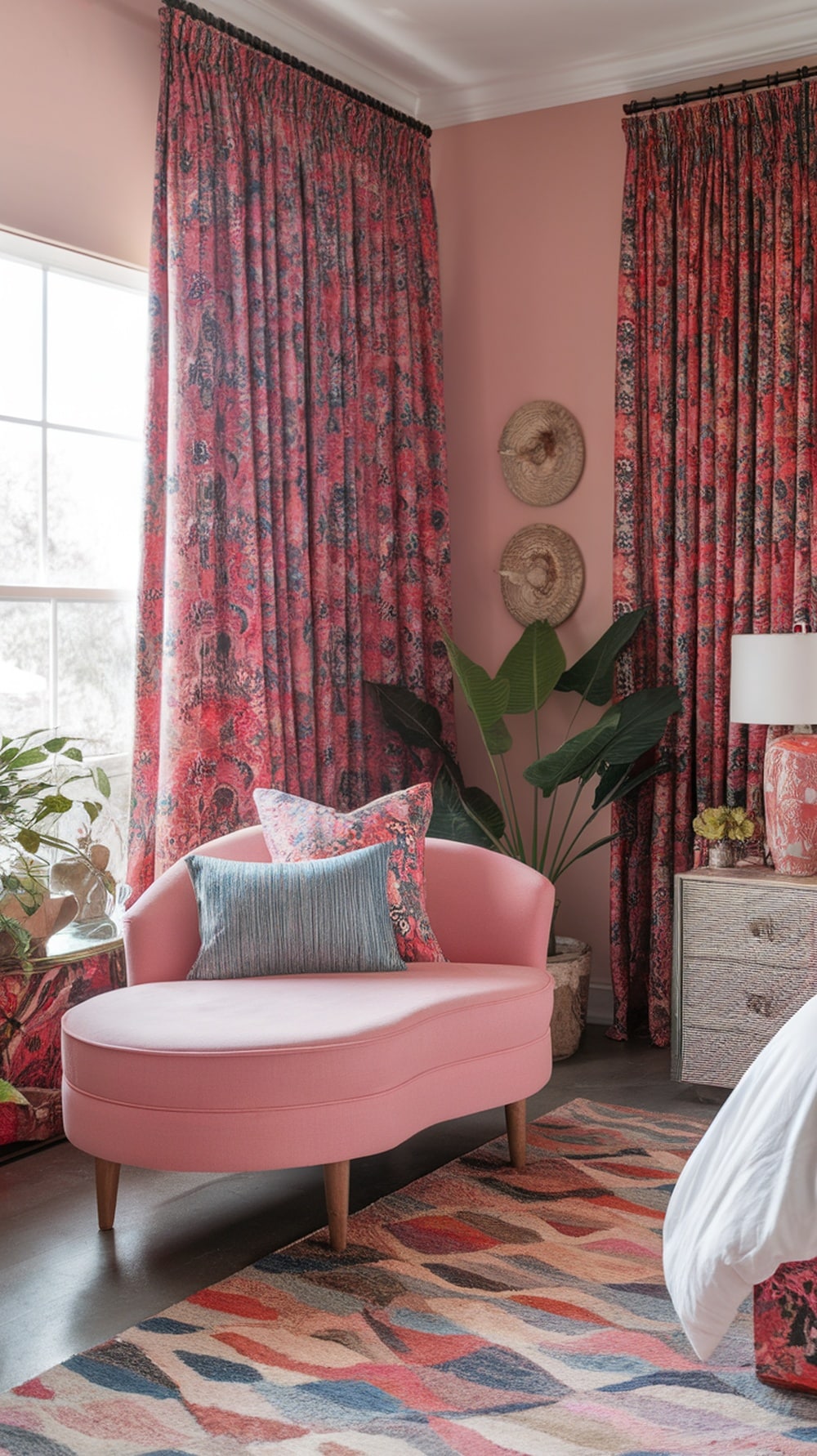 A boho bedroom featuring bold floral curtains, a pink chaise lounge with patterned cushions, and a colorful area rug.