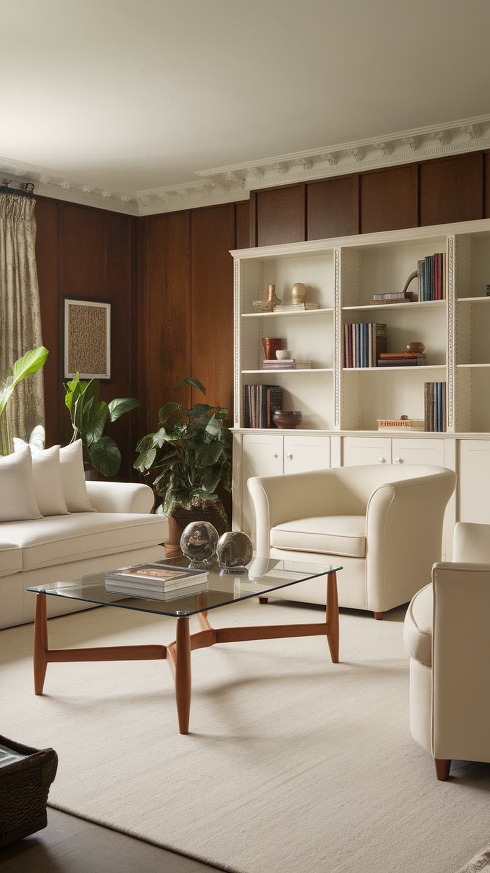 A serene cream living room featuring cozy sofas, a glass coffee table, and wooden accents.