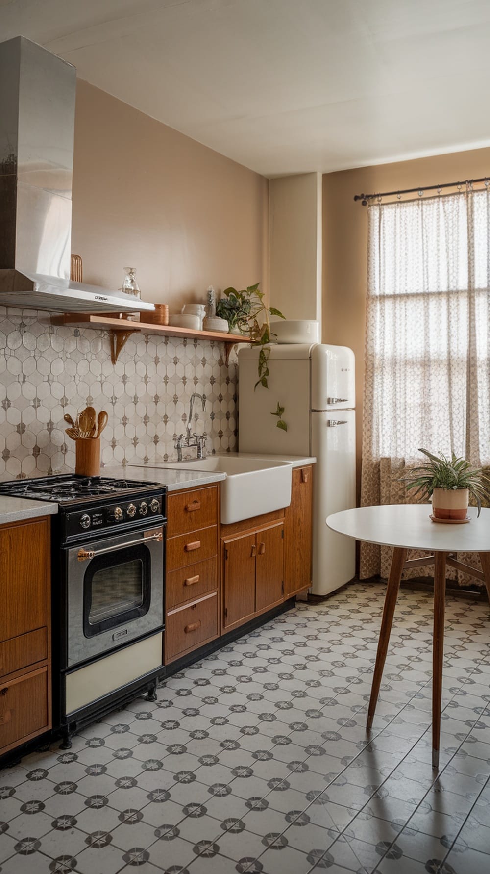 Mid-century modern kitchen with classic tile patterns and a cozy atmosphere.