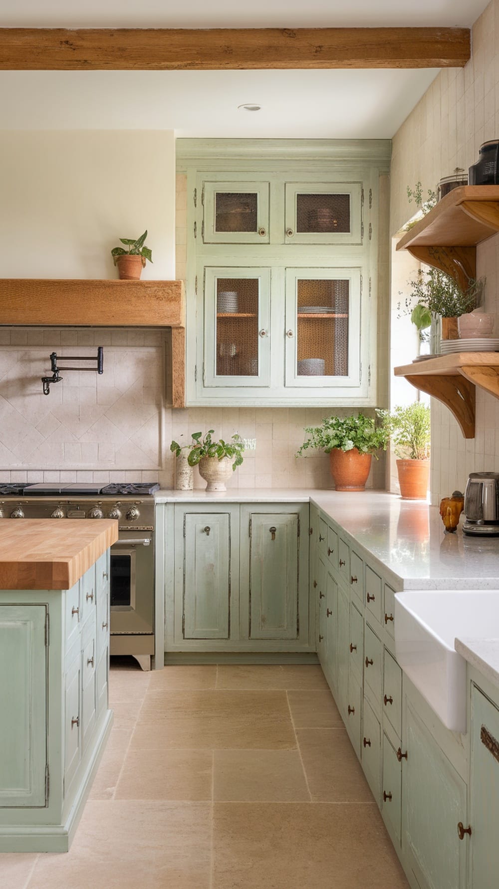 A kitchen featuring pale green cabinets and natural wood accents.