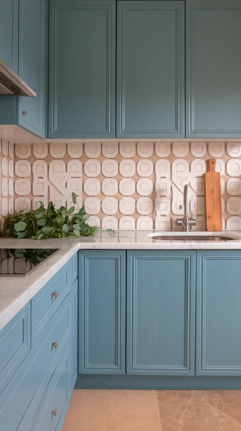 A modern kitchen featuring dusty blue cabinets and a patterned backsplash.