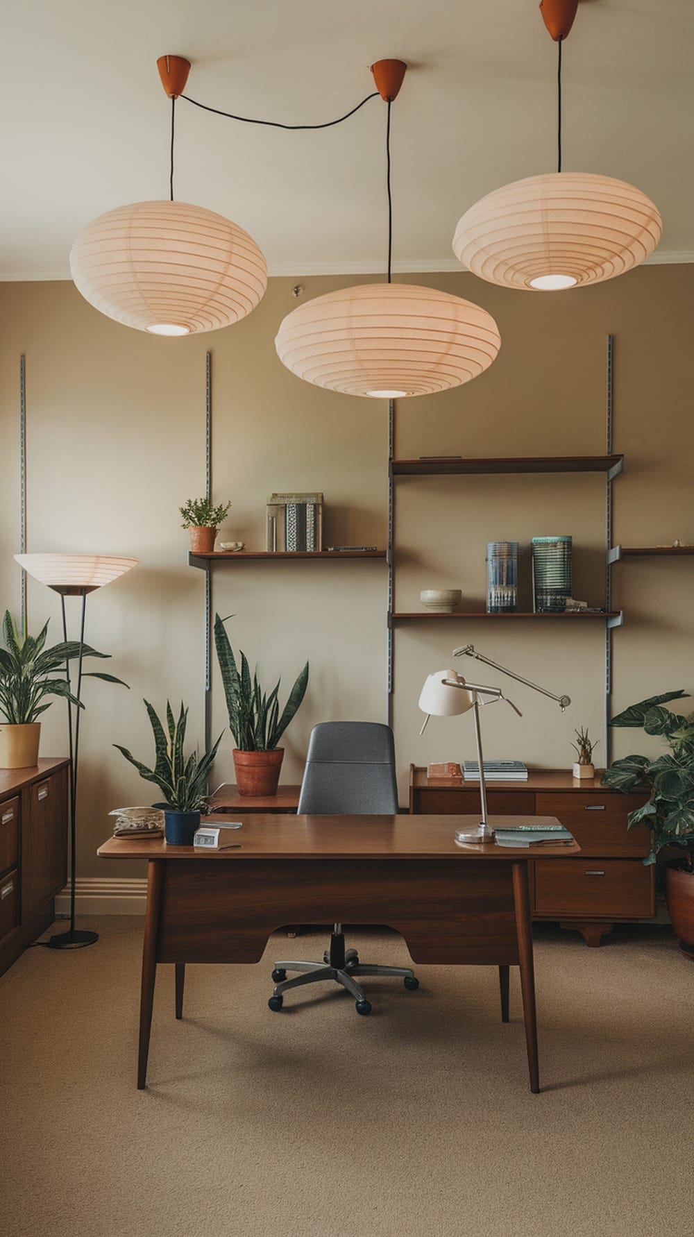 Mid century modern office with pendant lights, floor lamp, and plants