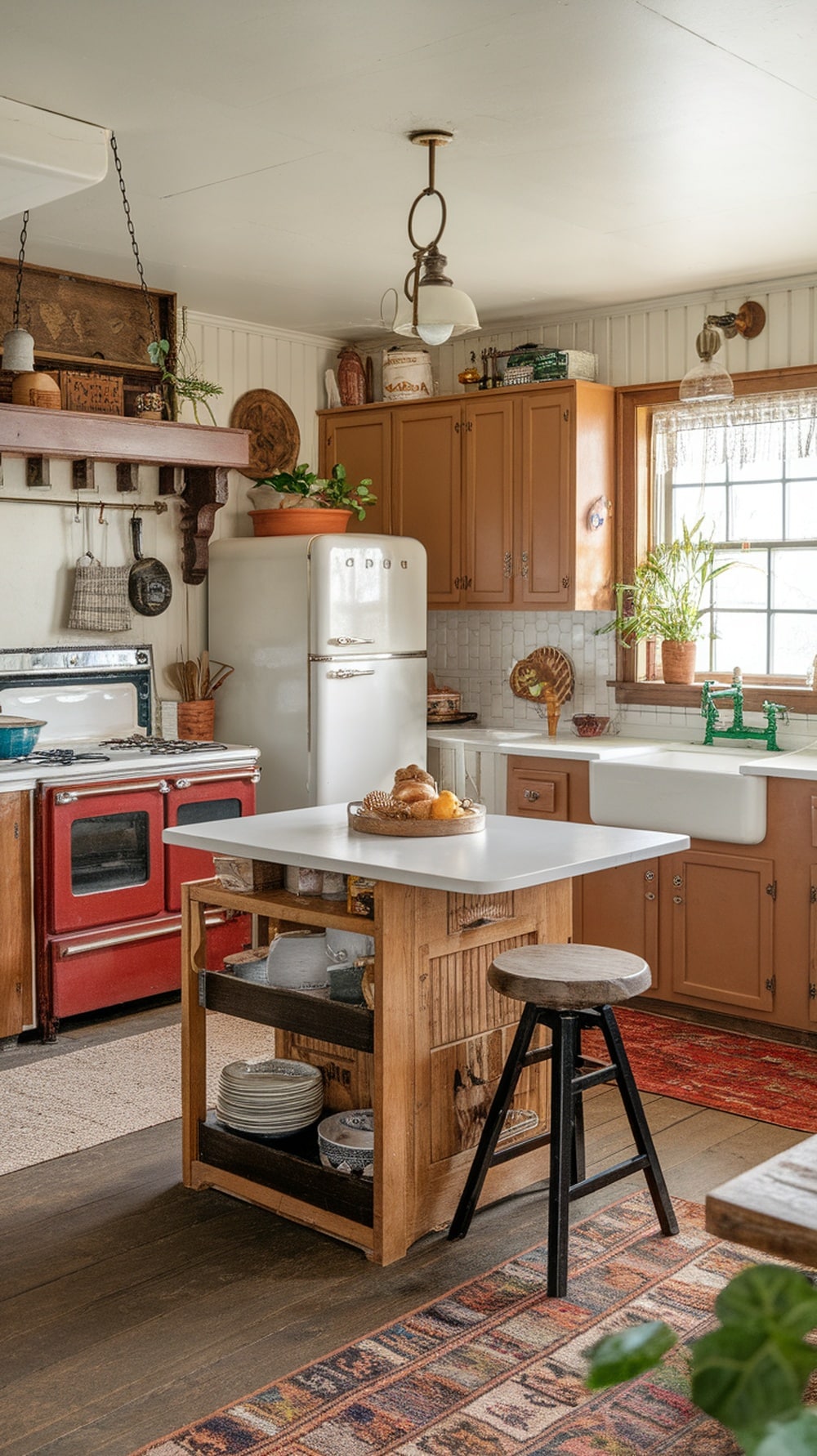 Cozy farmhouse kitchen with caramel cabinets and rustic decor.