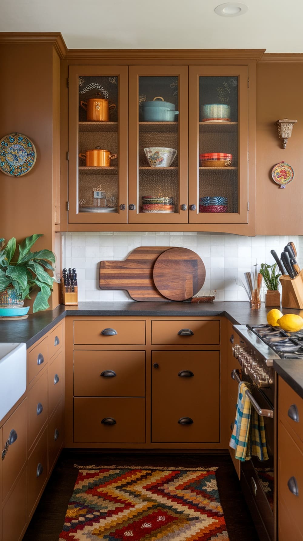 Cozy kitchen featuring caramel cabinets with dark countertops and colorful decor.