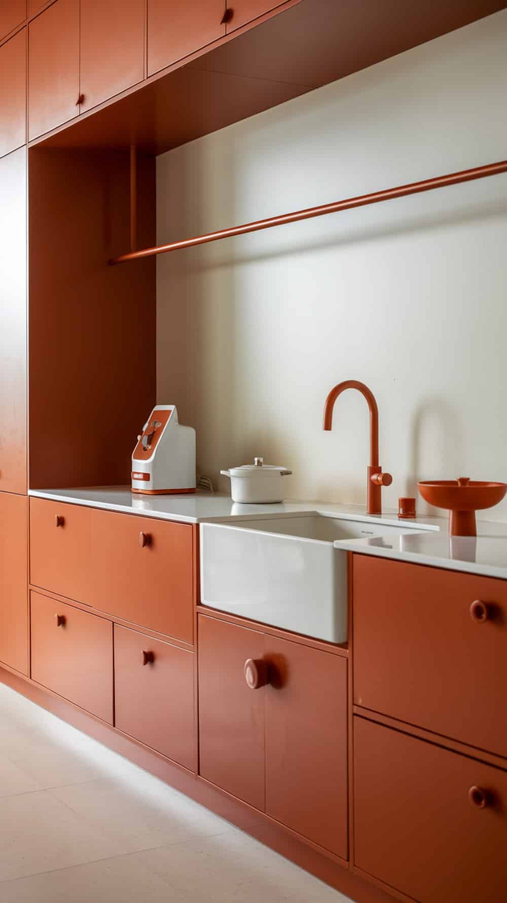 A modern kitchen featuring minimalist rust orange cabinets with a white sink and countertop.