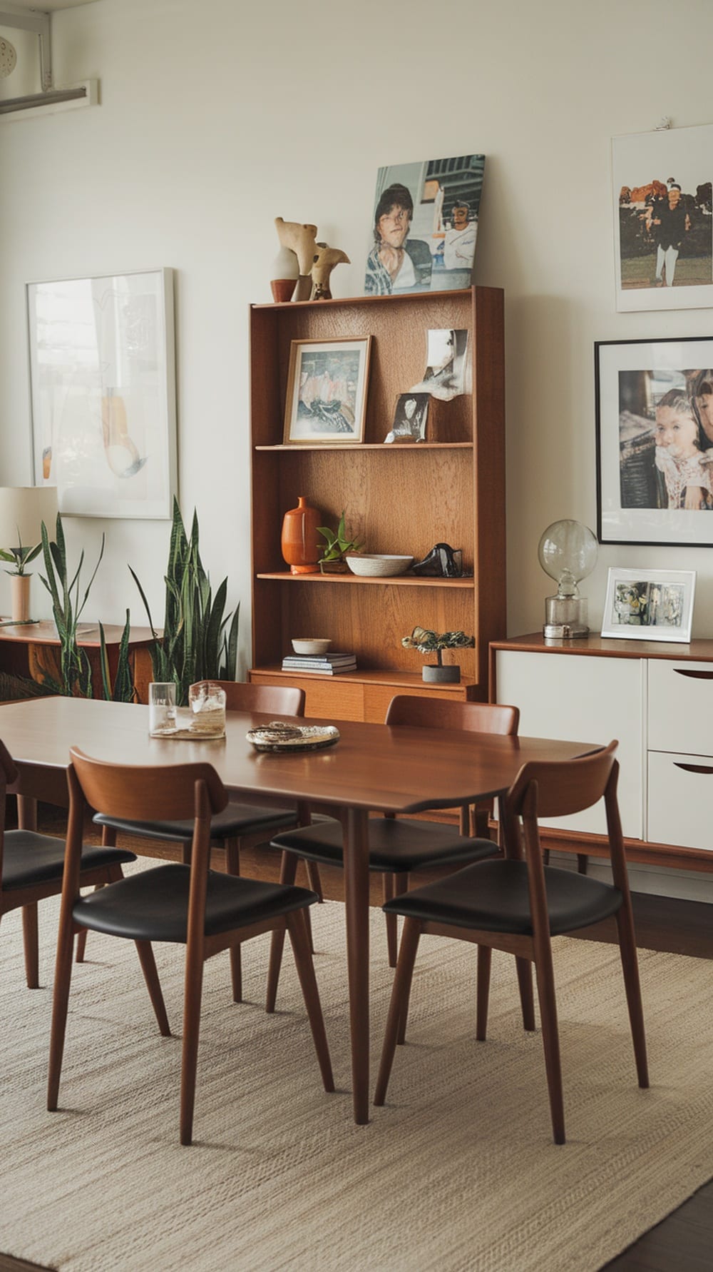 A mid-century modern dining room featuring a wooden table, stylish chairs, and personal decor items on shelves.