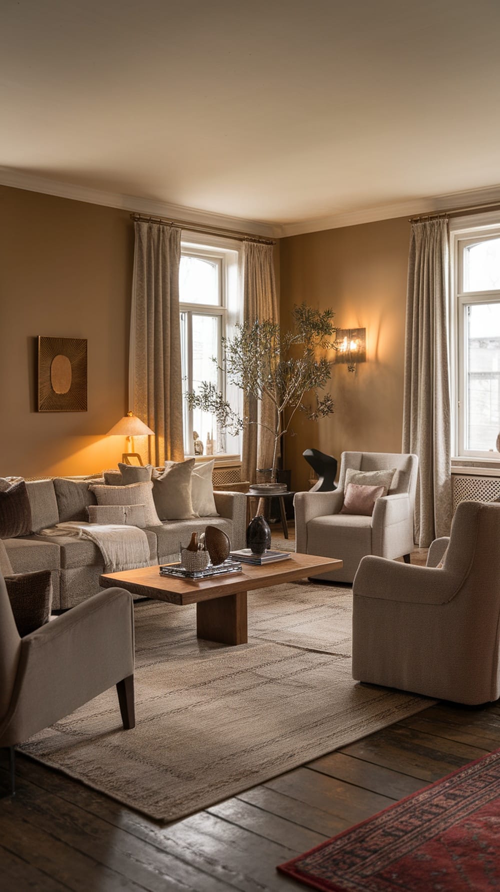 A cozy greige living room featuring layered lighting, textured furniture, and a small tree.