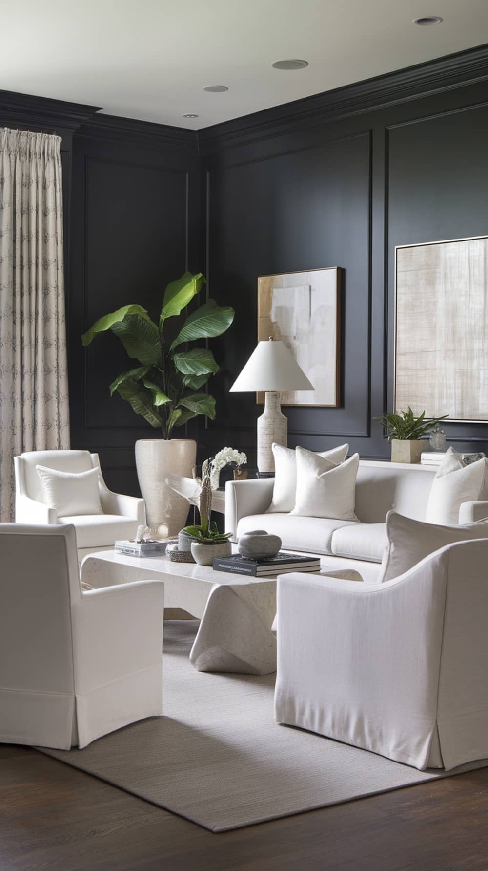 A charcoal gray living room featuring white furniture, a unique coffee table, and potted plants.