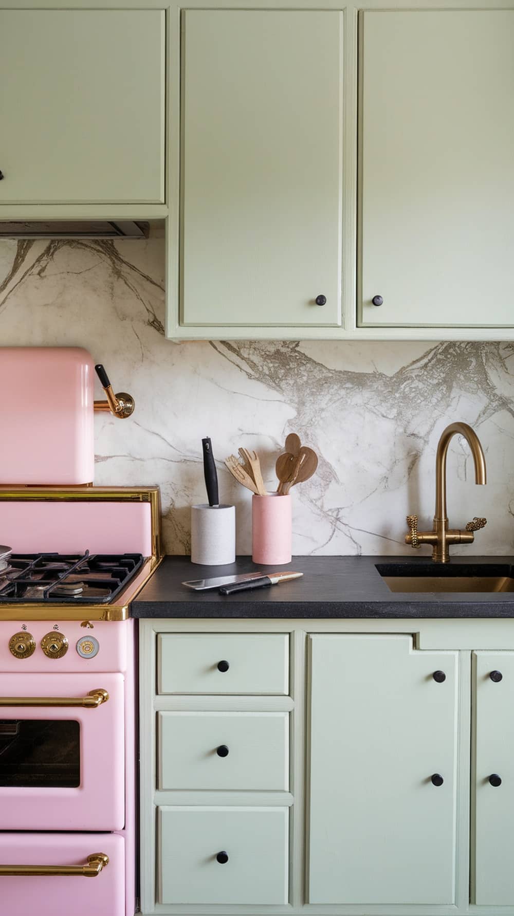 A pale green kitchen with dark accents, featuring cabinets, a black countertop, and a pink stove.