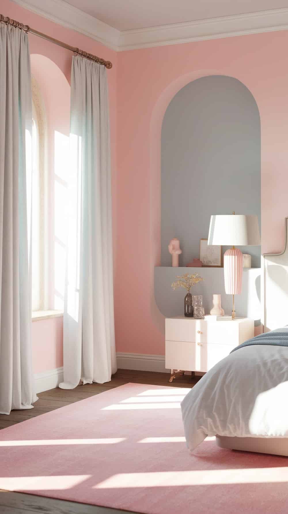 A cozy bedroom with soft pink and gray walls, natural light, and light curtains.