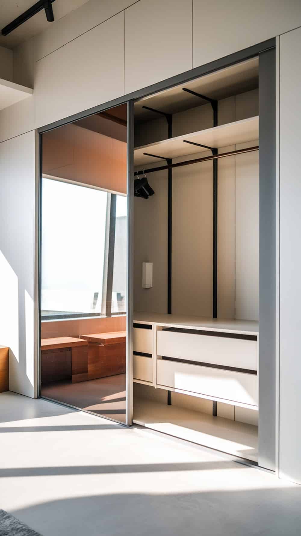 A modern sliding door wardrobe system with open shelving and drawers, featuring mirrored doors.