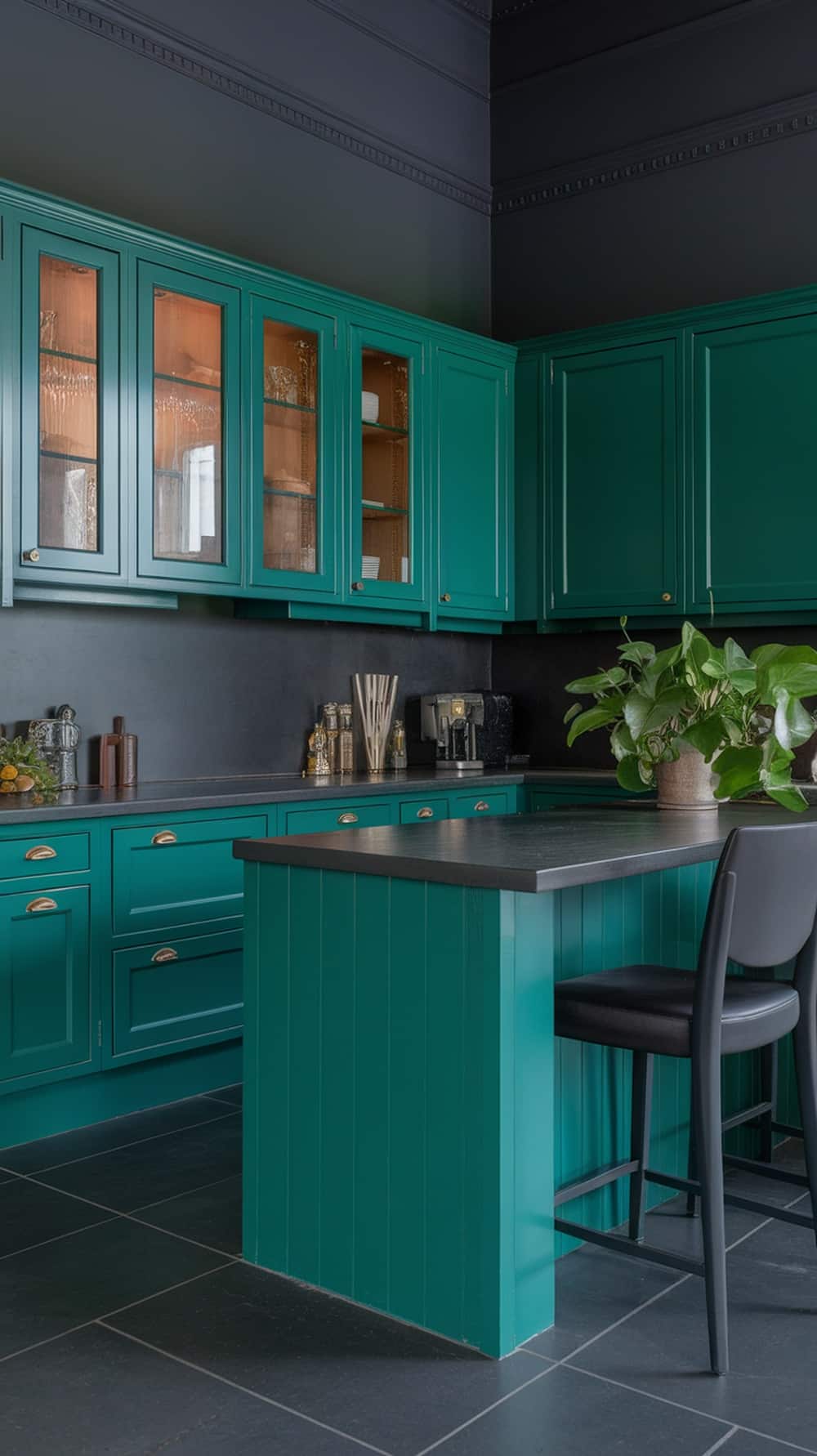 Stylish emerald green kitchen cabinets with dark walls and modern decor