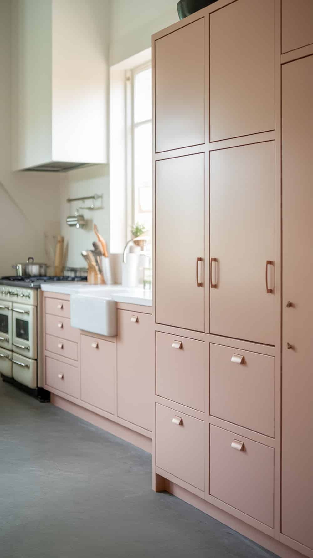 A kitchen featuring soft matte blush pink cabinets with a modern design.