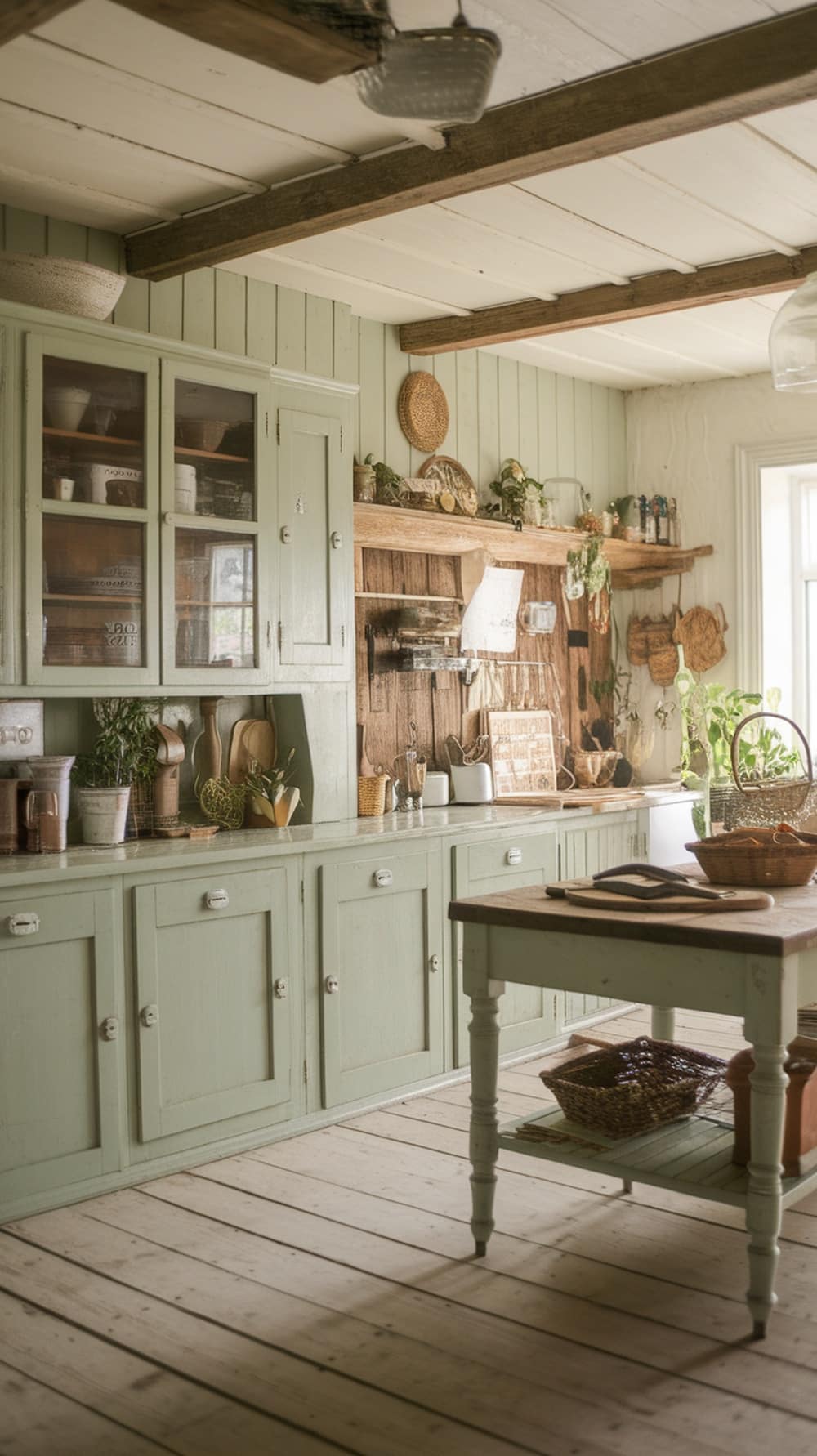 A rustic kitchen featuring pale green cabinets and wooden accents.