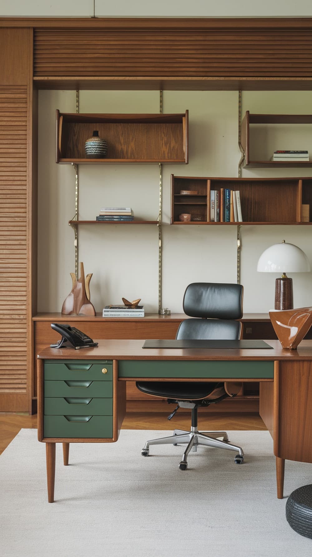 Mid century modern office with a stylish desk, chair, and decorative shelving.