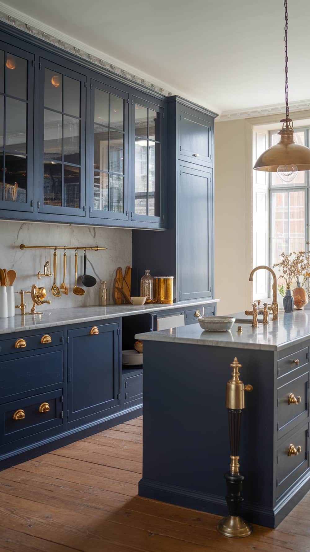 A sophisticated kitchen featuring indigo cabinets with gold hardware and a marble countertop.