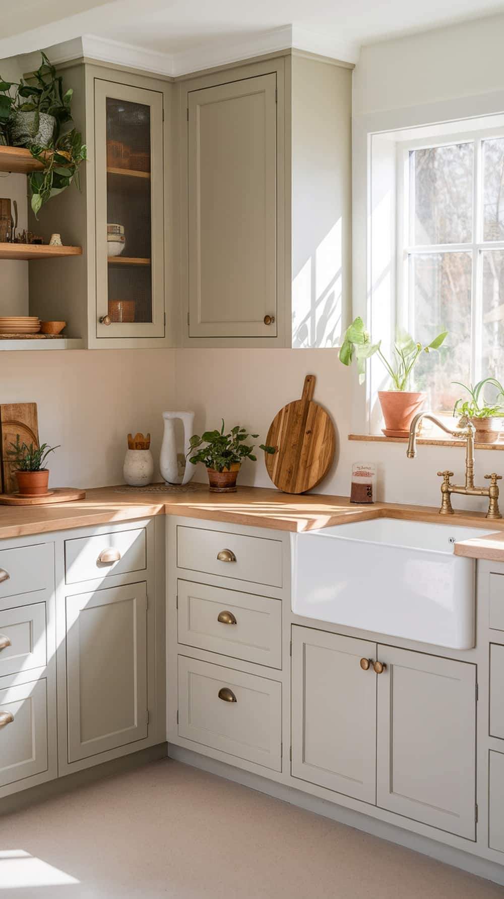 A kitchen featuring soft greige cabinets with wooden countertops and plants.