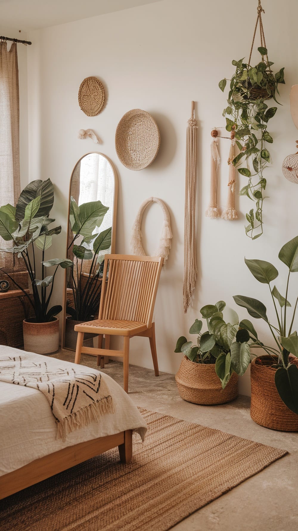 A cozy boho bedroom featuring natural wood accents, plants, and woven decor.