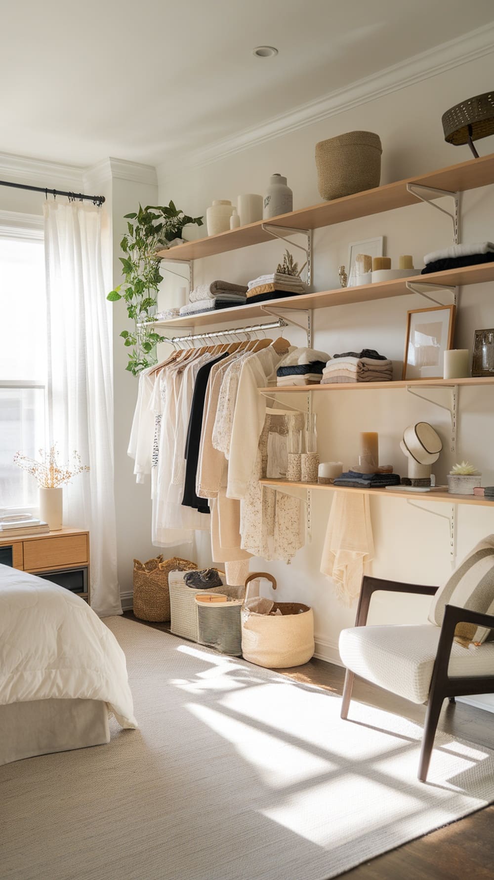 A bedroom with open shelving displaying clothes, decorative items, and plants, creating a cozy and organized atmosphere.