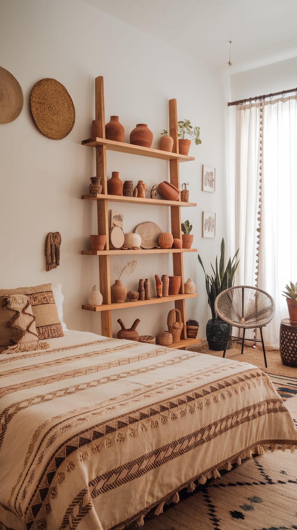 A cozy boho bedroom featuring earthy pottery, woven textiles, and plants.