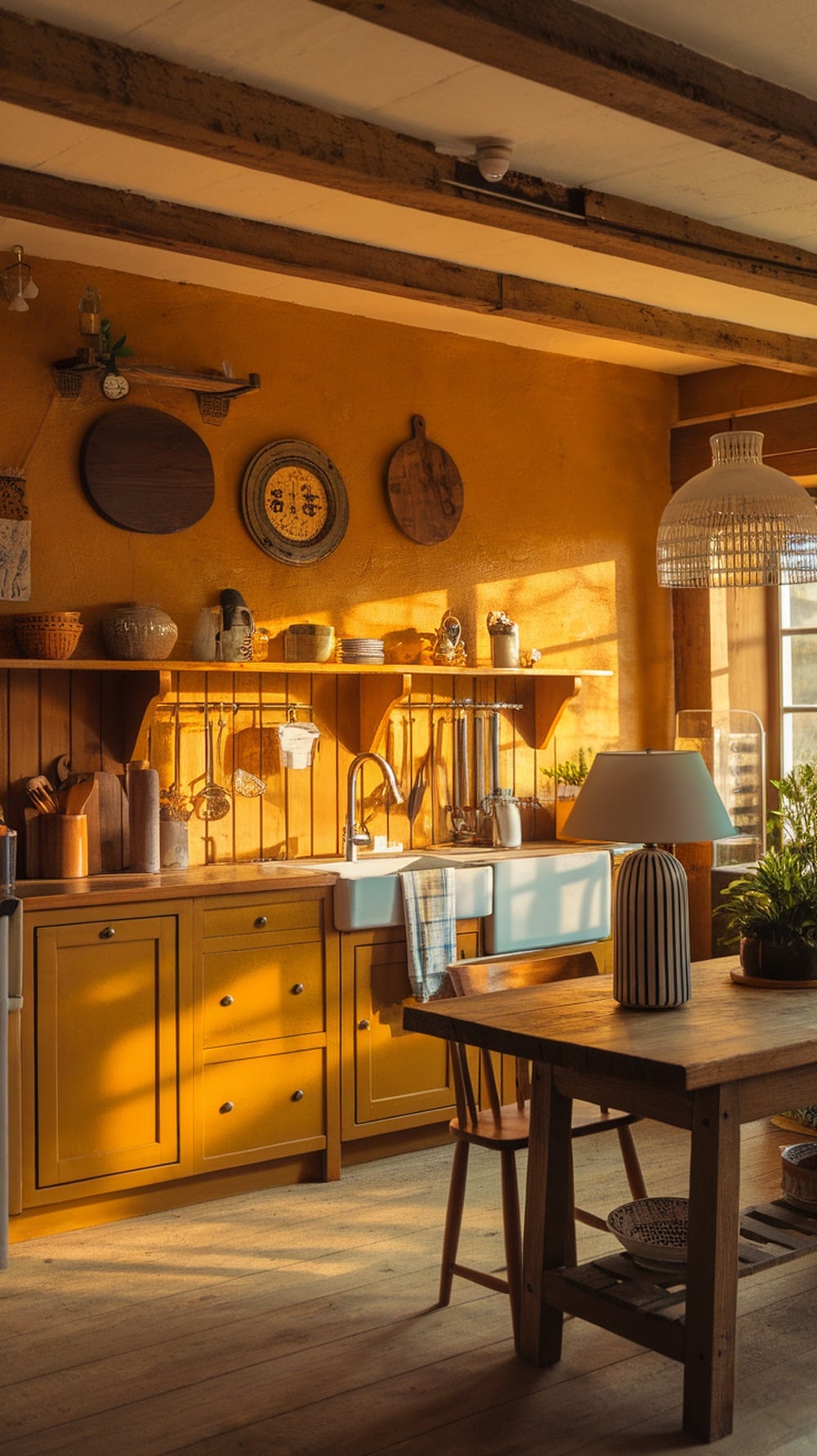 A rustic kitchen featuring mustard yellow cabinets and natural wood elements.