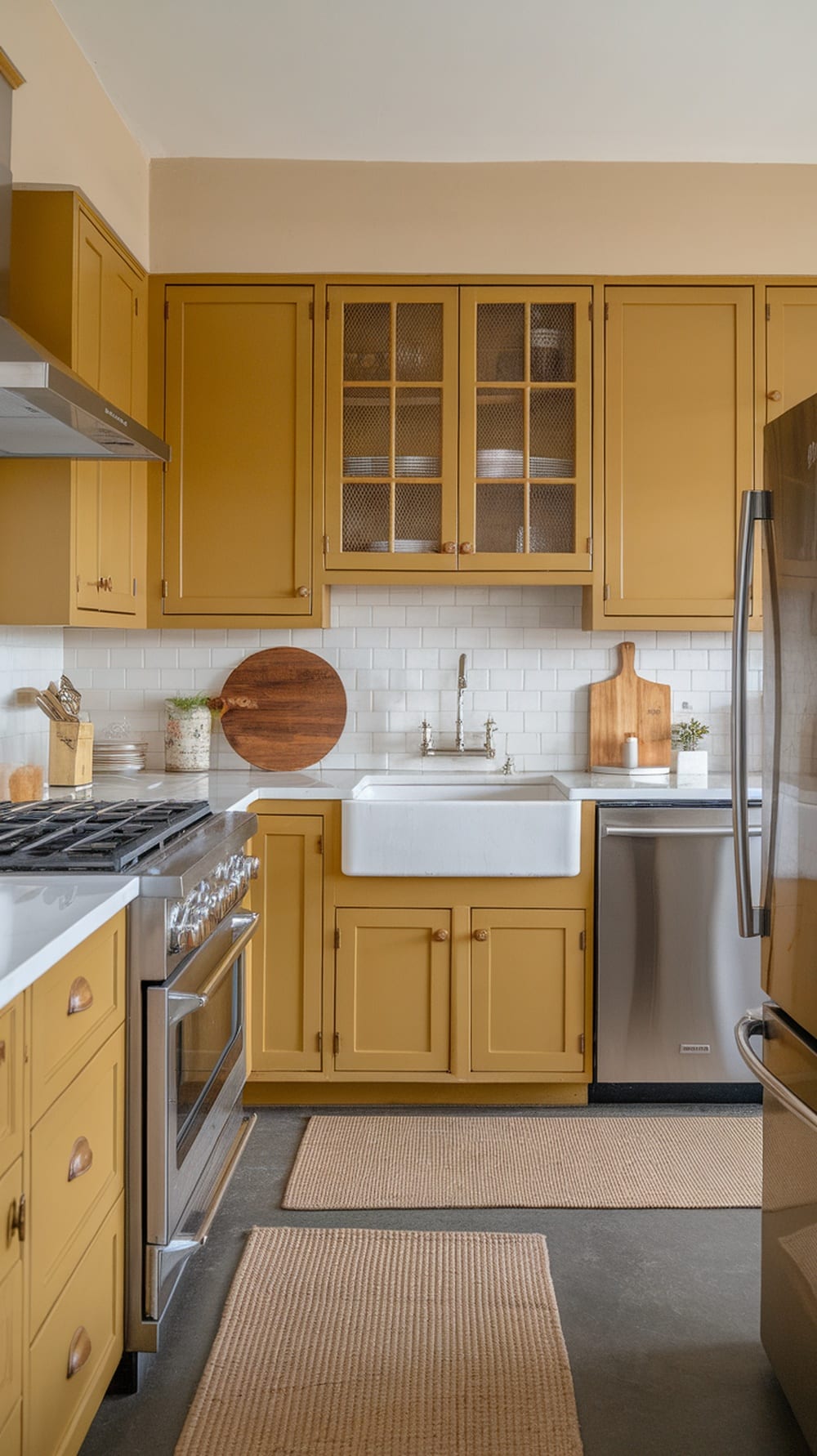 A kitchen featuring mustard yellow cabinets and white accents.