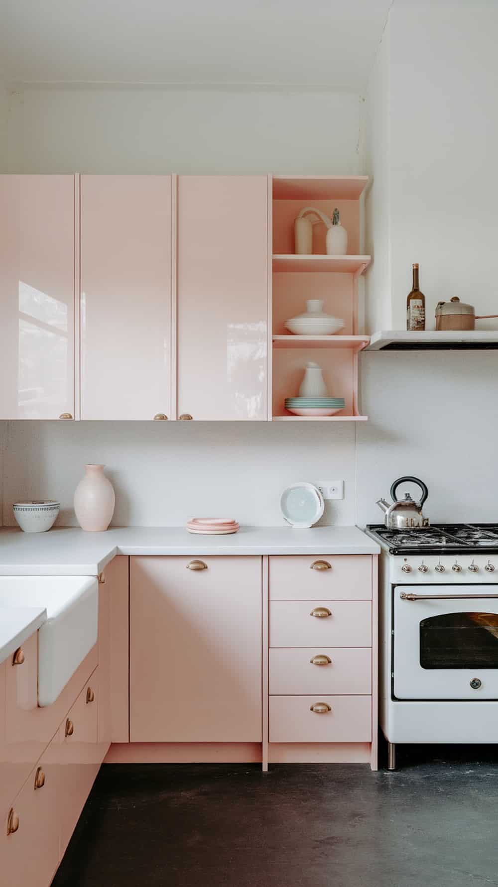 A minimalist kitchen featuring glossy blush pink cabinets with white accents.