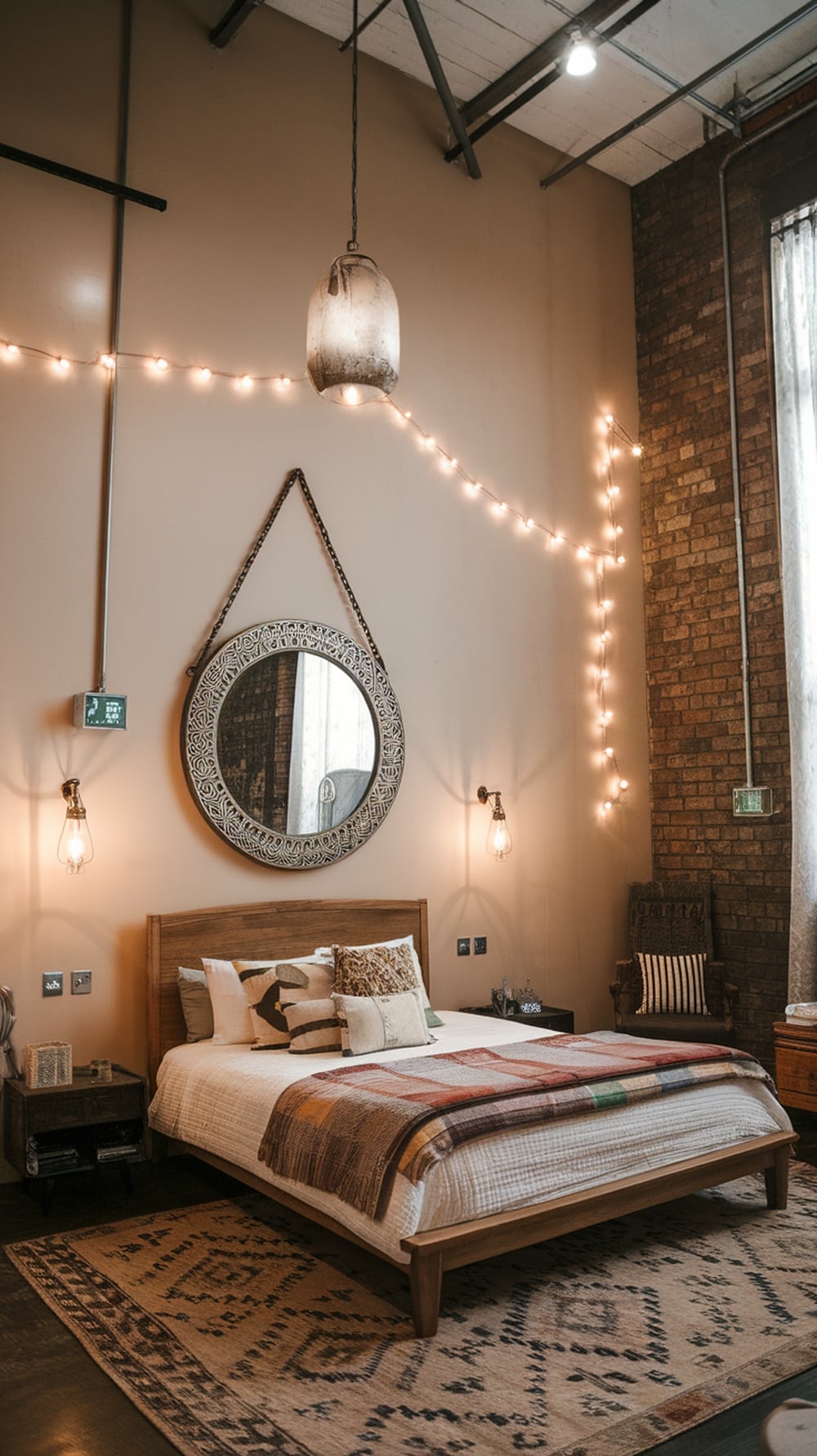 A boho bedroom featuring unique lighting fixtures, including a pendant light and wall sconces, with a cozy bed and decorative elements.